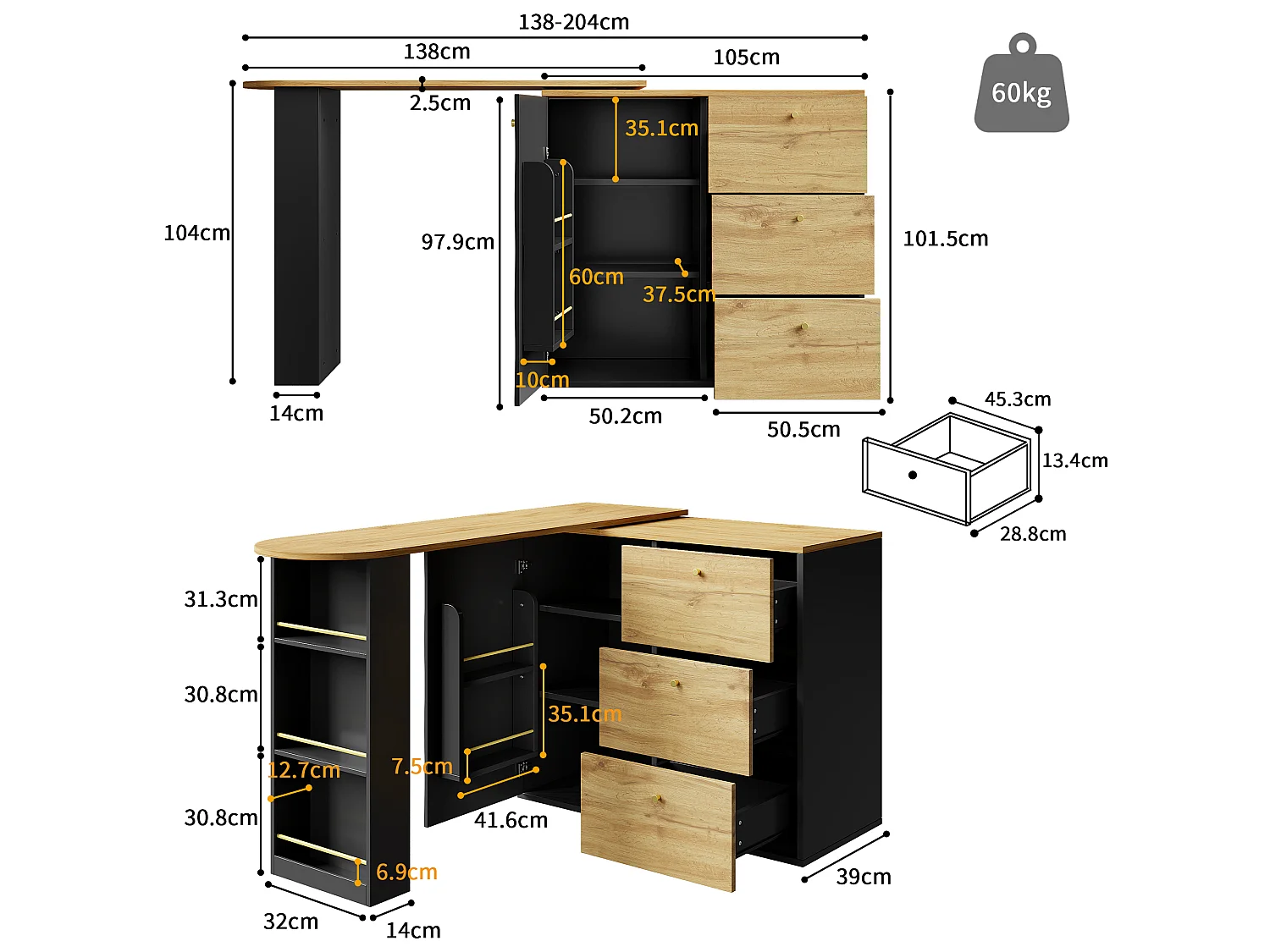 360° Rotating and Retractable Bar Cabinet - with 3 Drawers and 1 Door - Open Shelves - Black + Natural