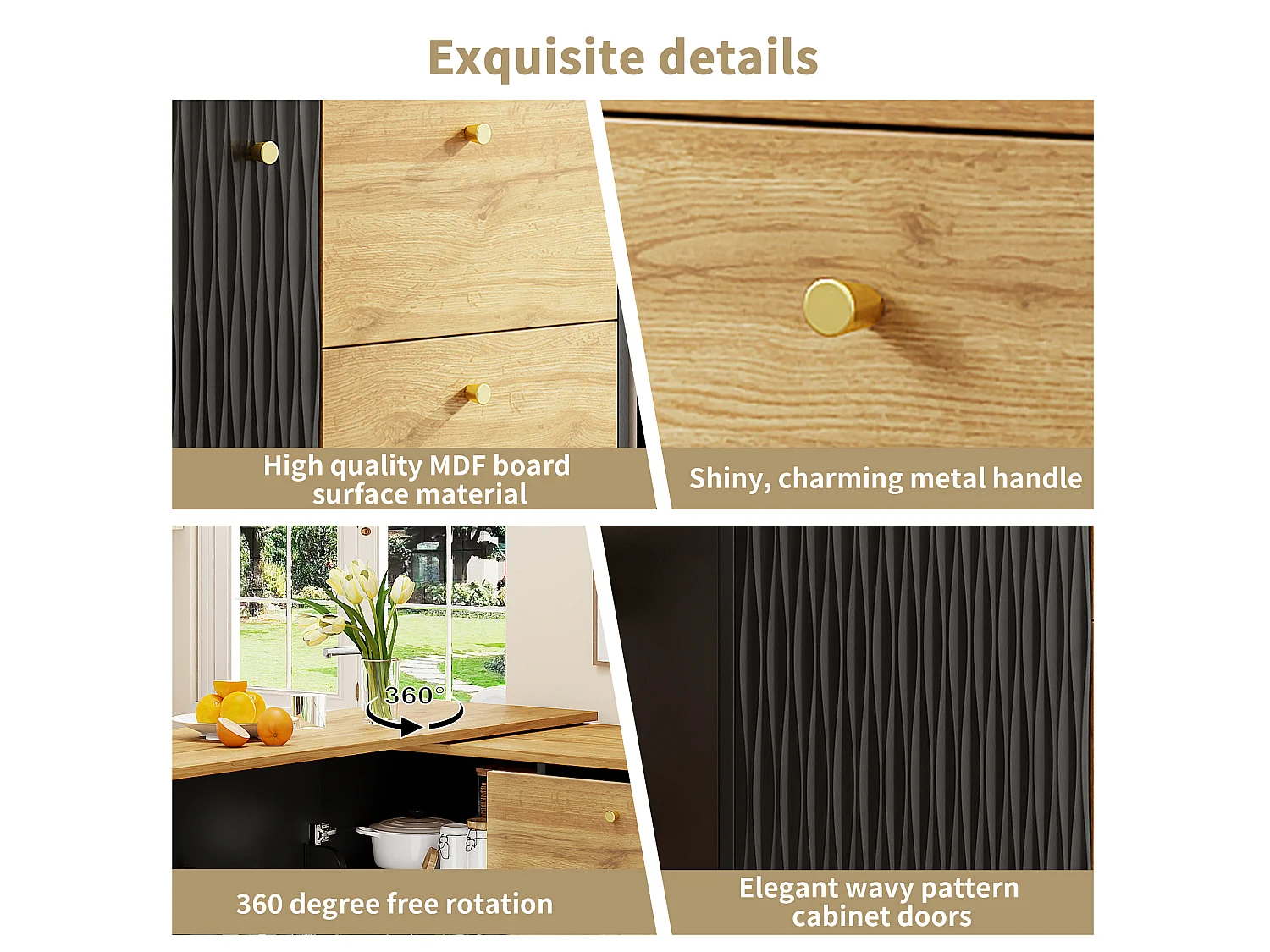 360° Rotating and Retractable Bar Cabinet - with 3 Drawers and 1 Door - Open Shelves - Black + Natural