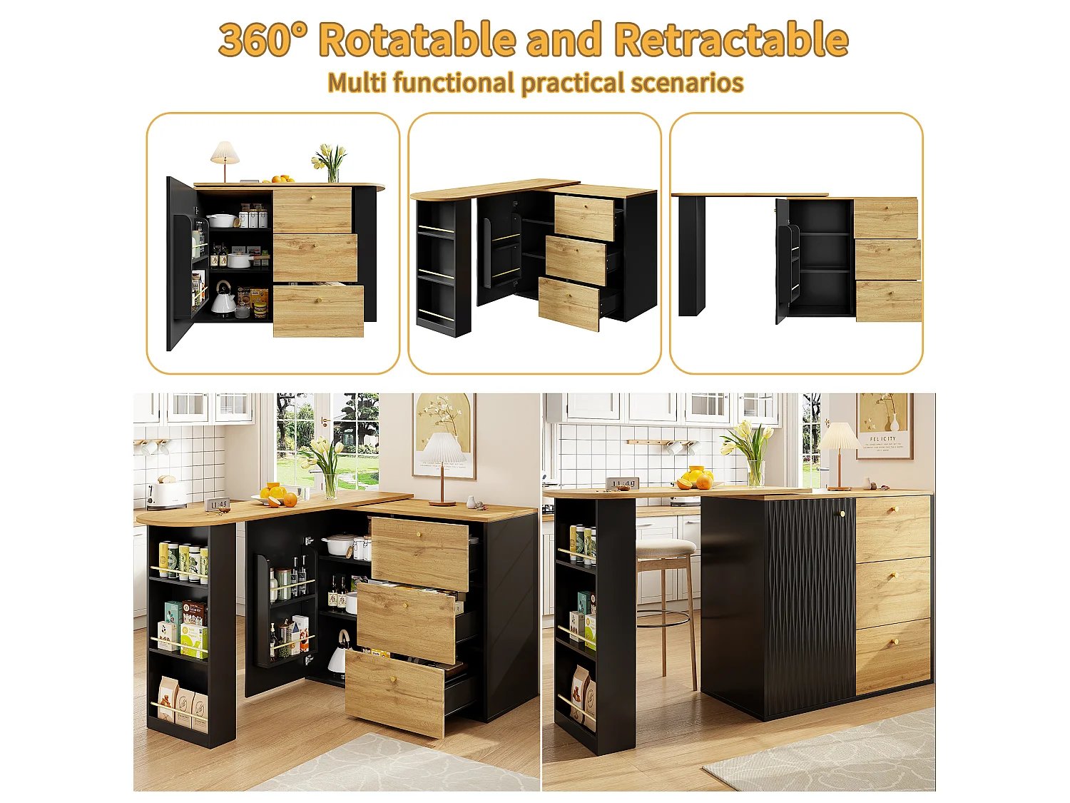 360° Rotating and Retractable Bar Cabinet - with 3 Drawers and 1 Door - Open Shelves - Black + Natural