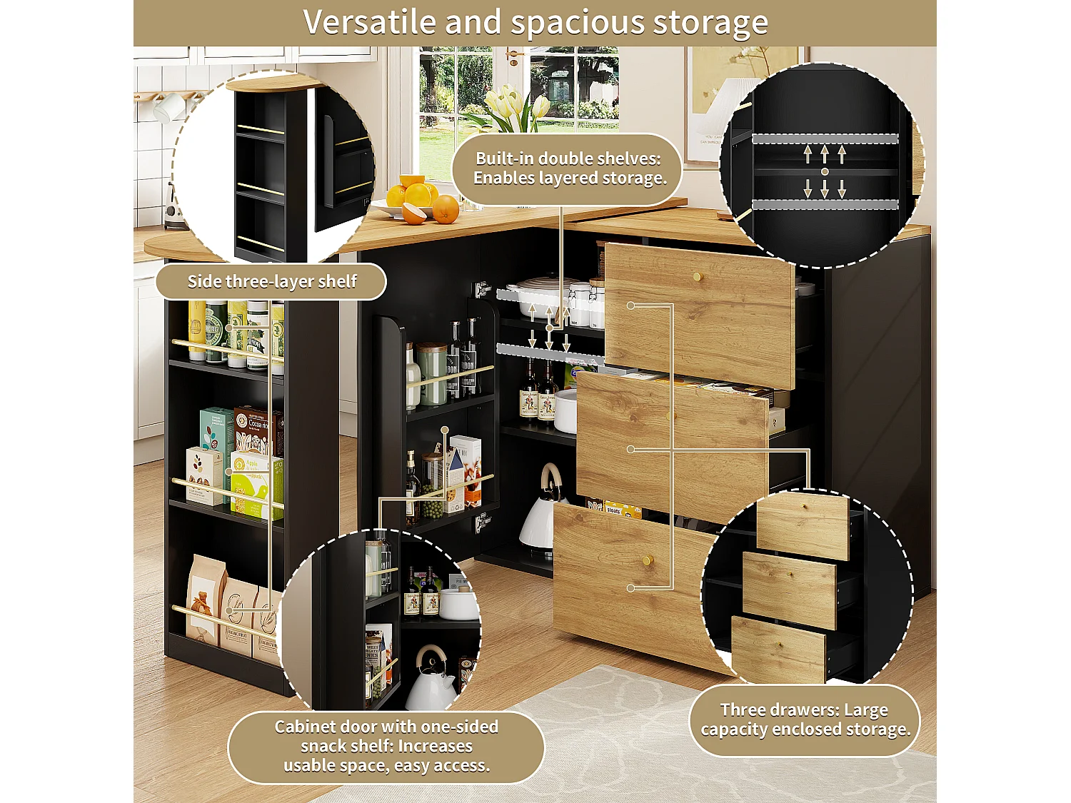 360° Rotating and Retractable Bar Cabinet - with 3 Drawers and 1 Door - Open Shelves - Black + Natural
