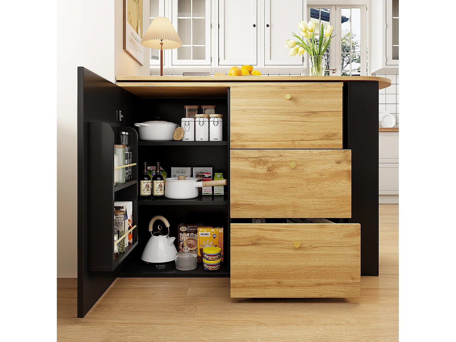 360° Rotating and Retractable Bar Cabinet - with 3 Drawers and 1 Door - Open Shelves - Black + Natural
