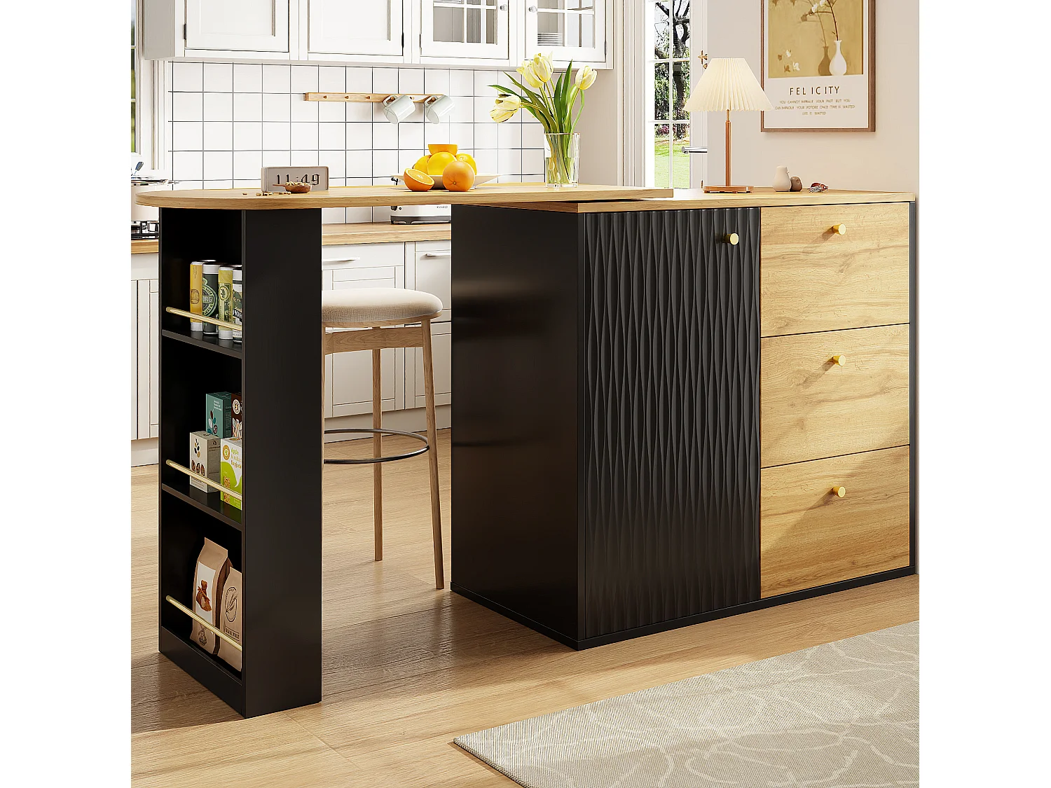 360° Rotating and Retractable Bar Cabinet - with 3 Drawers and 1 Door - Open Shelves - Black + Natural