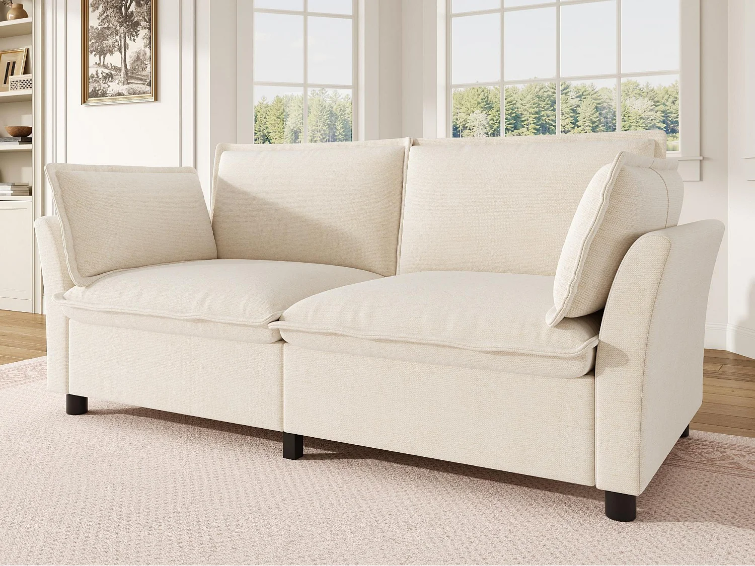 2-sitssoffa design "Molneffekt" i chenilletyg, ergonomisk loveseat med 2 kuddar, robust konstruktion för litet vardagsrum - beige