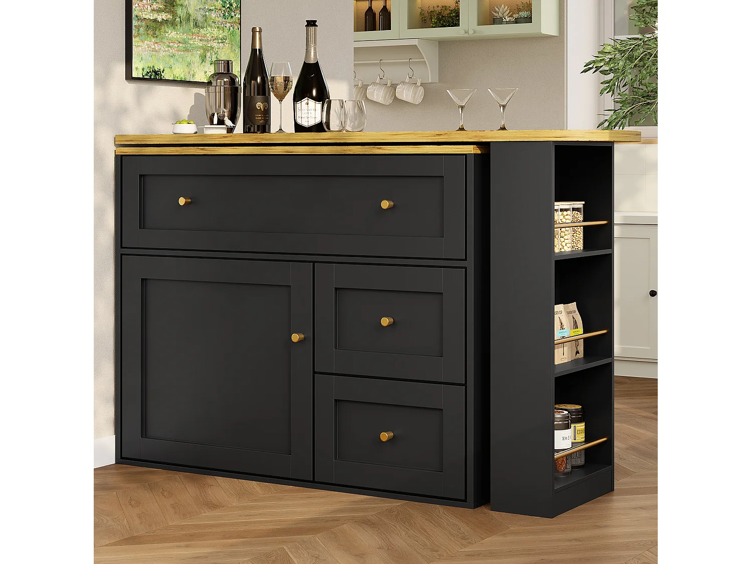 Modern 360° Rotating Bar Cabinet - 204x39x105cm - 2 Drawers and 2 Doors - with Side Shelves - Extendable Table - Black
