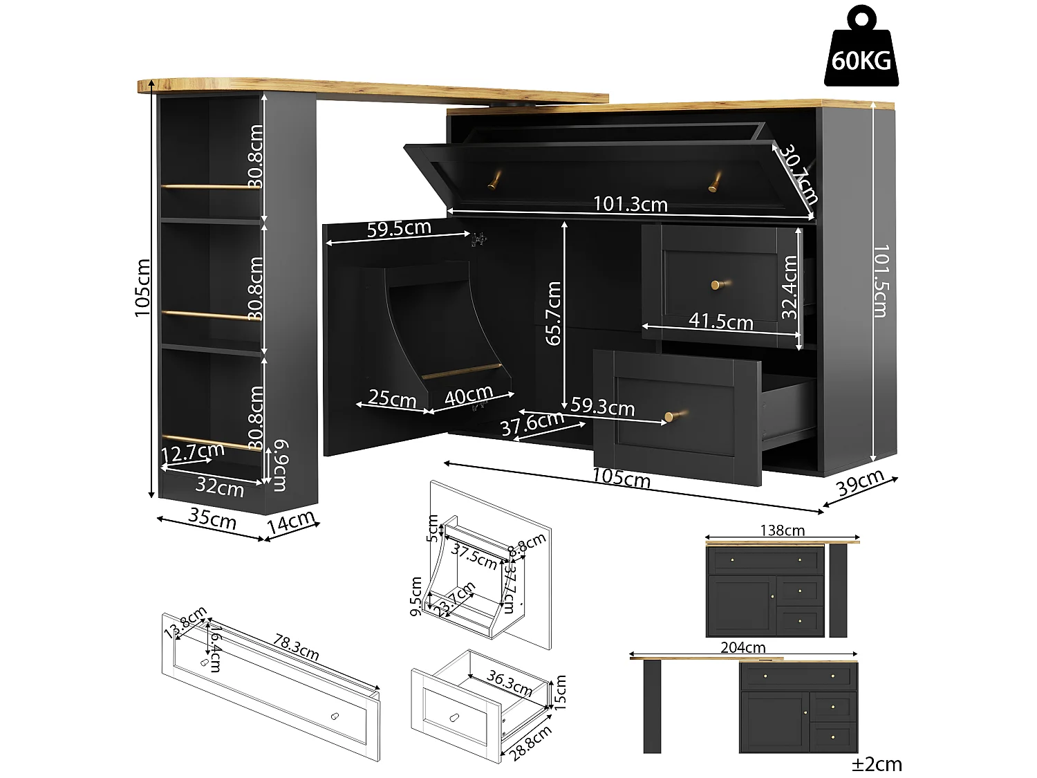Modern 360° Rotating Bar Cabinet - 204x39x105cm - 2 Drawers and 2 Doors - with Side Shelves - Extendable Table - Black