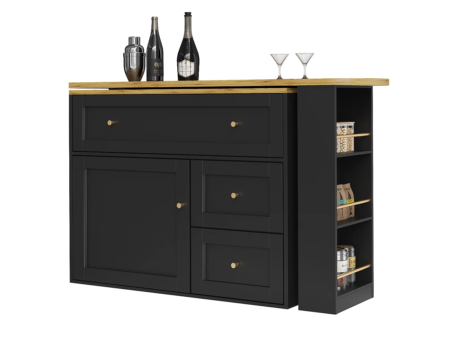 Modern 360° Rotating Bar Cabinet - 204x39x105cm - 2 Drawers and 2 Doors - with Side Shelves - Extendable Table - Black
