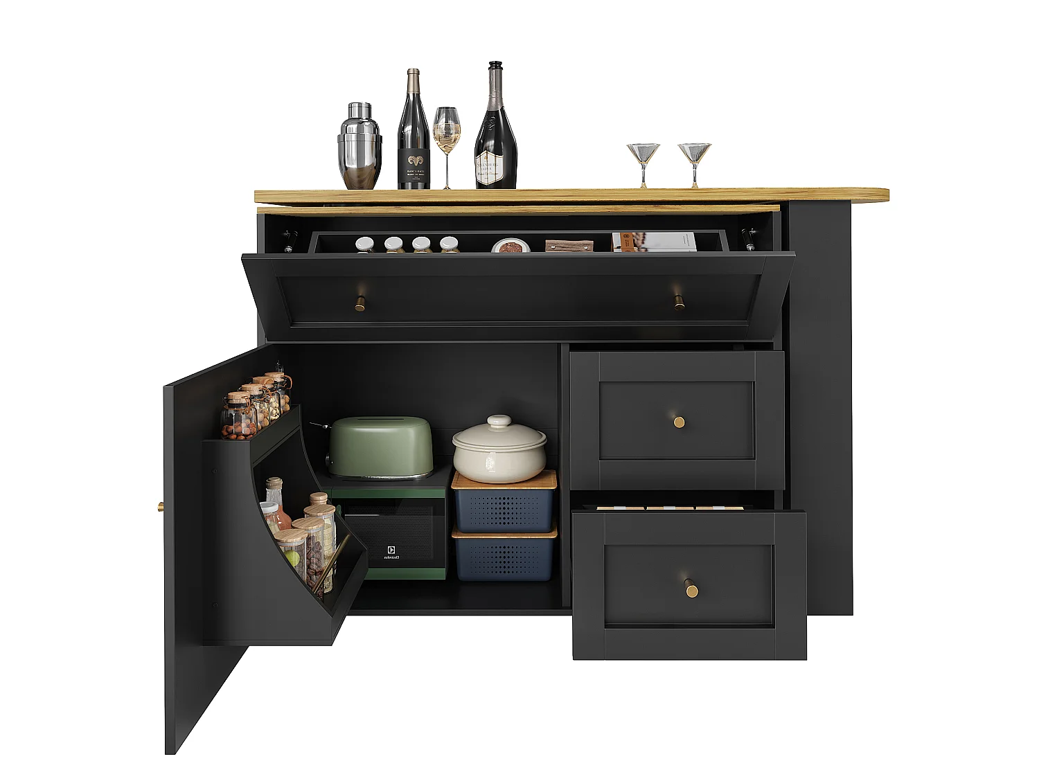Modern 360° Rotating Bar Cabinet - 204x39x105cm - 2 Drawers and 2 Doors - with Side Shelves - Extendable Table - Black