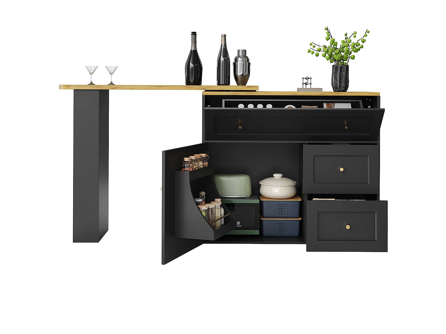 Modern 360° Rotating Bar Cabinet - 204x39x105cm - 2 Drawers and 2 Doors - with Side Shelves - Extendable Table - Black