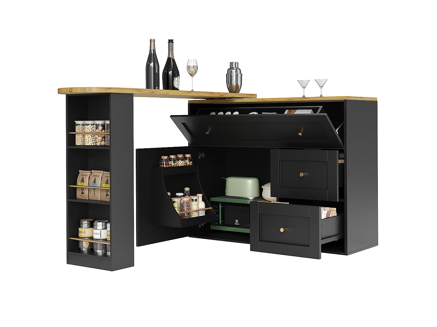 Modern 360° Rotating Bar Cabinet - 204x39x105cm - 2 Drawers and 2 Doors - with Side Shelves - Extendable Table - Black