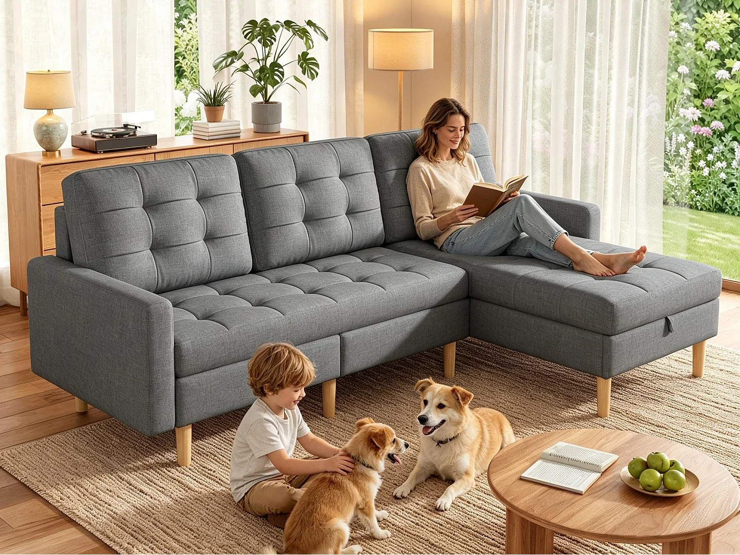 L-formad 3-sits hörnsoffa - med förvaring - vändbar schäslong - non-woven-tyg - grå
