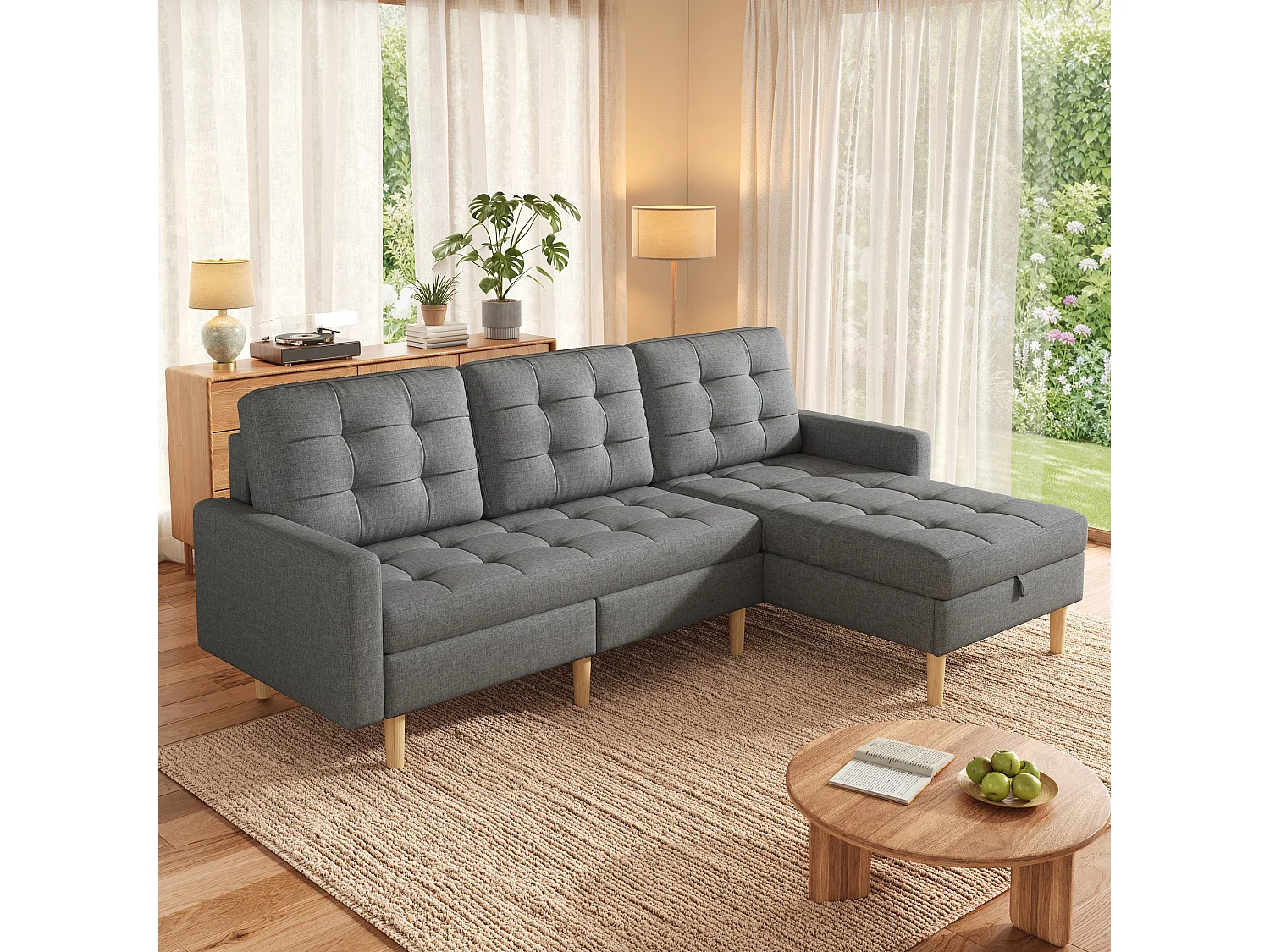 L-formad 3-sits hörnsoffa - med förvaring - vändbar schäslong - non-woven-tyg - grå