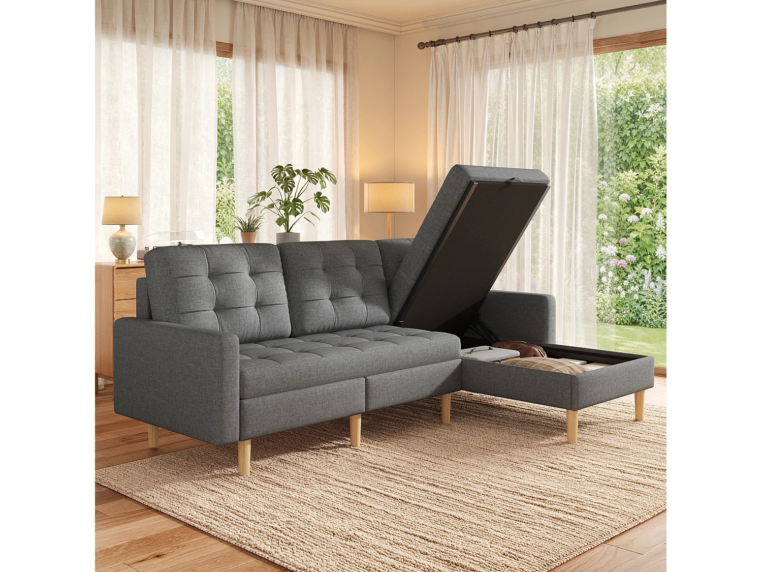 L-formad 3-sits hörnsoffa - med förvaring - vändbar schäslong - non-woven-tyg - grå