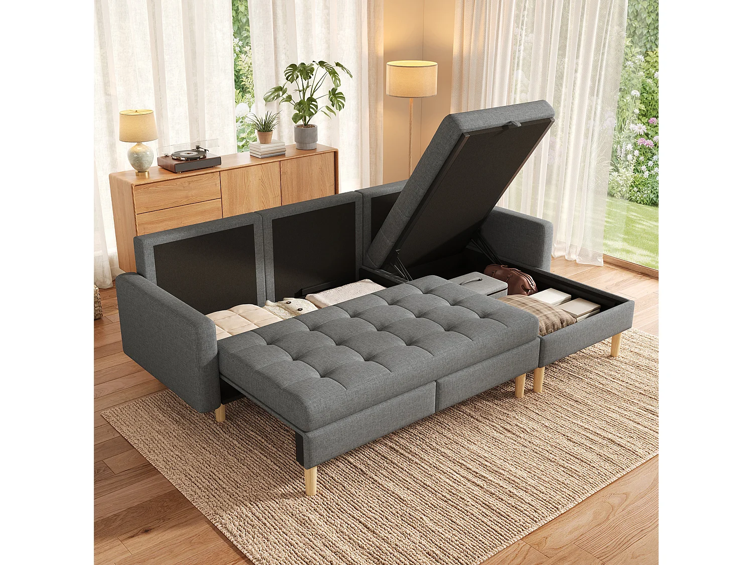 L-formad 3-sits hörnsoffa - med förvaring - vändbar schäslong - non-woven-tyg - grå