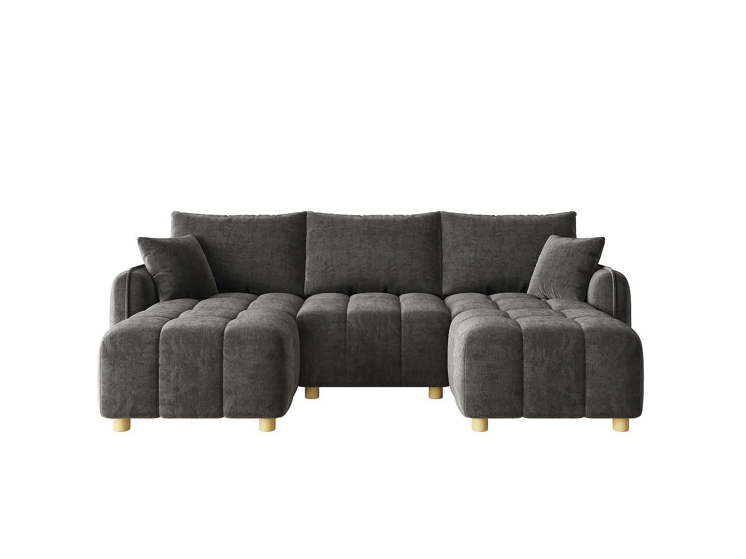 Modulär U/L-hörnsoffa 5-6-sits med 2 puffar, soffa i mjuk chenille med böjda armstöd och dekorationskuddar - grå