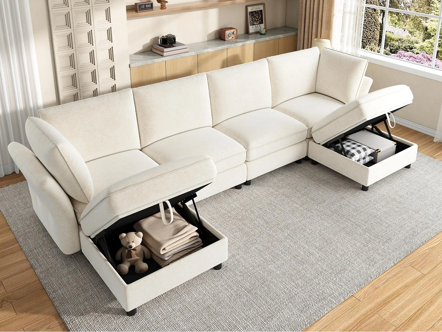Modulär U/L-hörnsoffa 6-7-sits med 2 förvaringspuffar, soffa “Molneffekt” i mjuk och ergonomisk chenille - beige