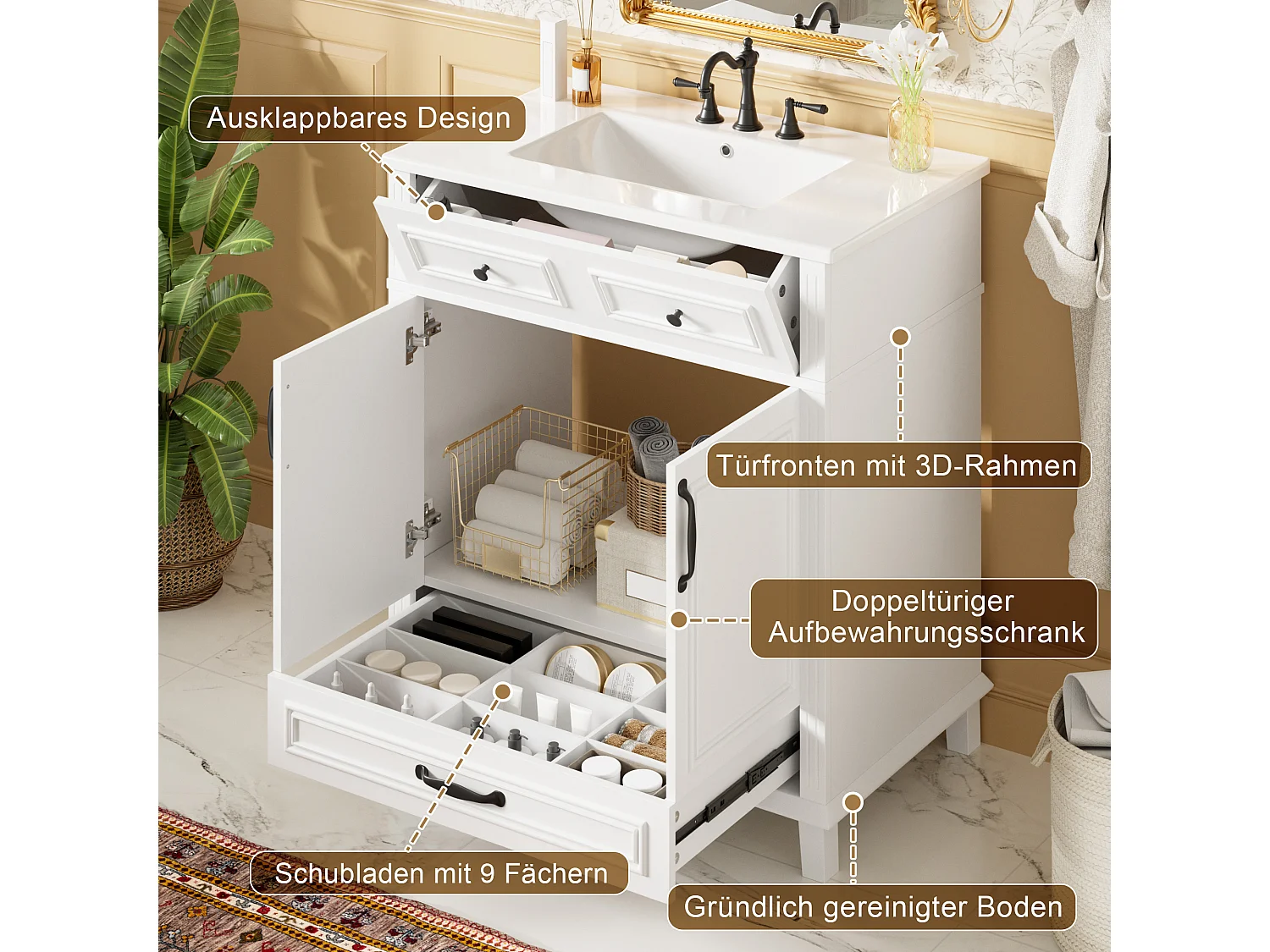 Mebel łazienkowy z ceramiczną umywalką - 76,7x46,3x85,5 cm - 2 drzwi i 2 szuflady - 9 przegródek do przechowywania - biały