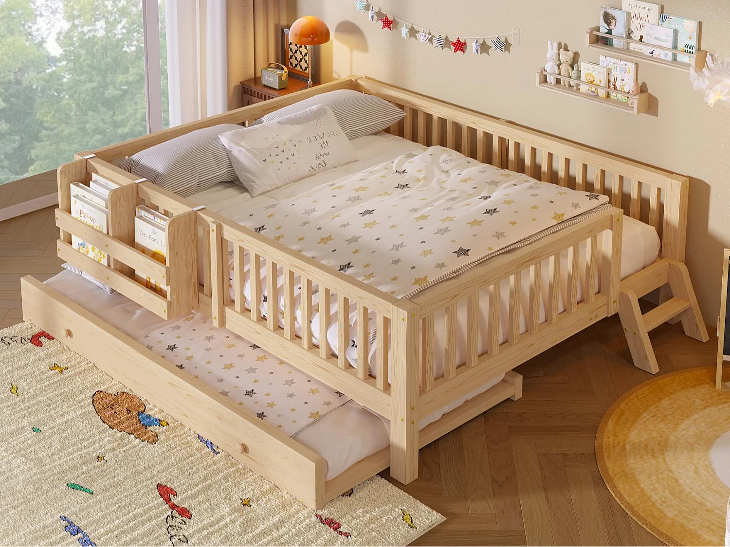 Lit enfant en bois 140x200cm - Avec lit gigogne - Avec barrières de sécurité et petite échelle - MDF - Naturel(Matelas non inclus)