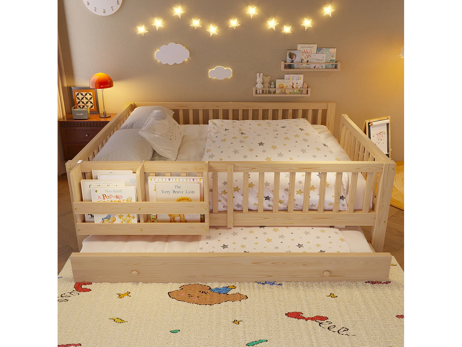 Lit enfant en bois 140x200cm - Avec lit gigogne - Avec barrières de sécurité et petite échelle - MDF - Naturel(Matelas non inclus)