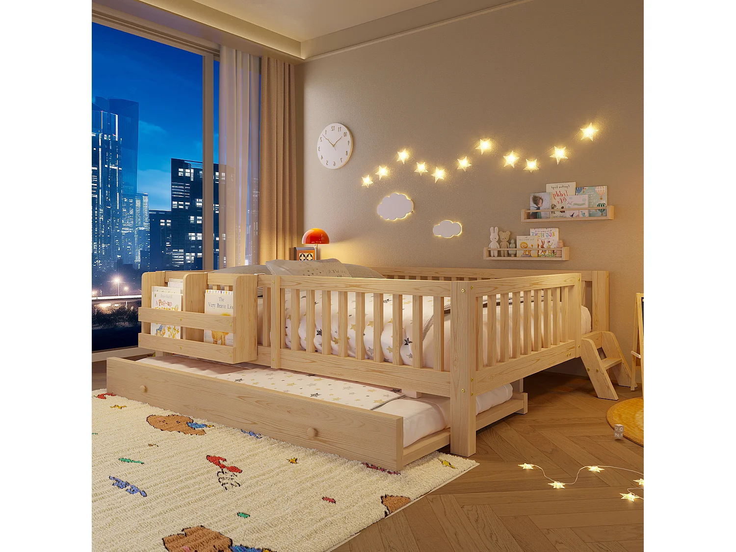 Lit enfant en bois 140x200cm - Avec lit gigogne - Avec barrières de sécurité et petite échelle - MDF - Naturel(Matelas non inclus)