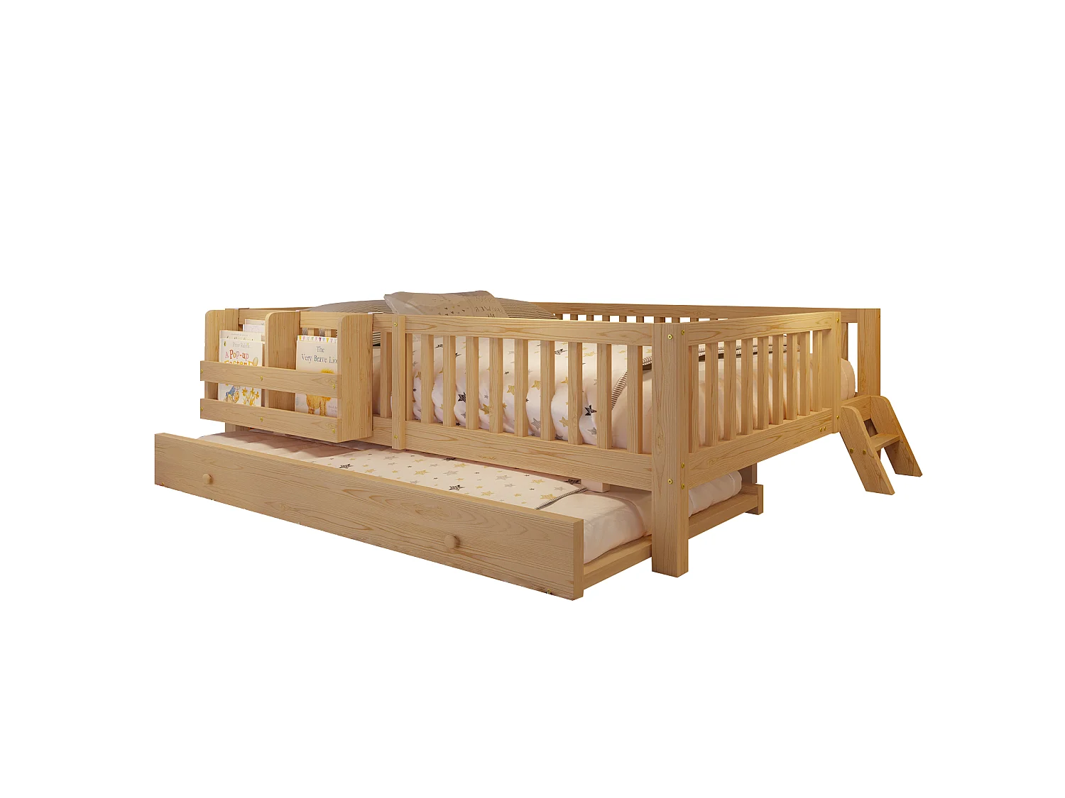 Lit enfant en bois 140x200cm - Avec lit gigogne - Avec barrières de sécurité et petite échelle - MDF - Naturel(Matelas non inclus)
