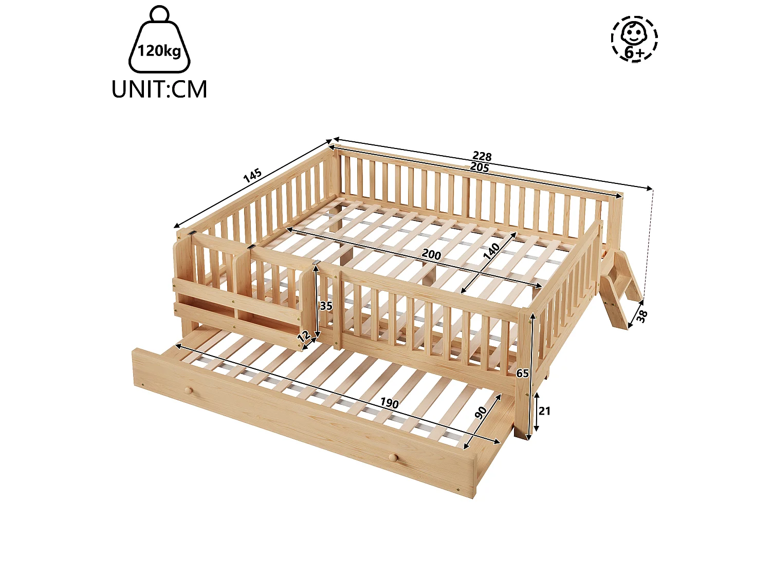 Lit enfant en bois 140x200cm - Avec lit gigogne - Avec barrières de sécurité et petite échelle - MDF - Naturel(Matelas non inclus)