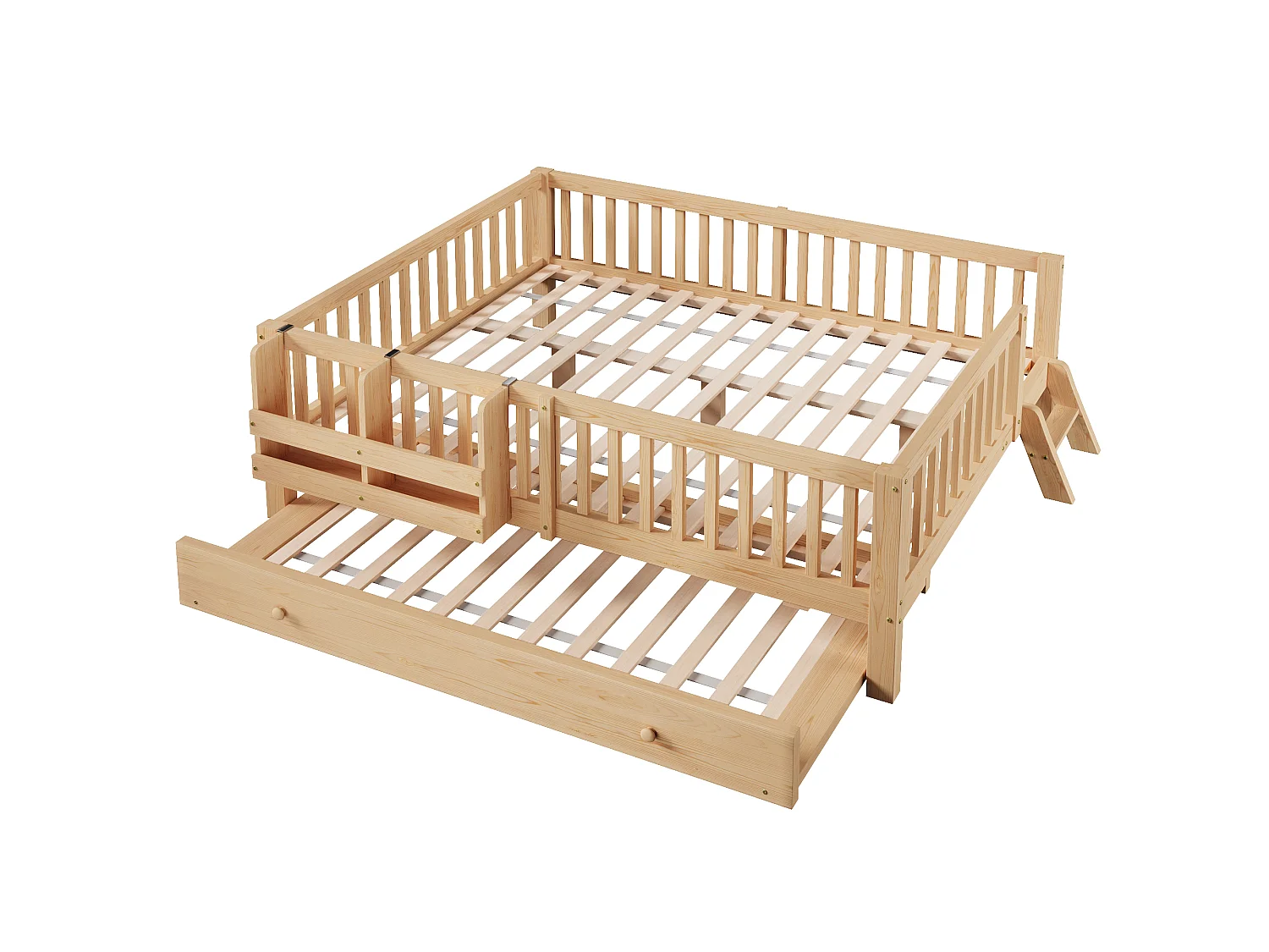 Lit enfant en bois 140x200cm - Avec lit gigogne - Avec barrières de sécurité et petite échelle - MDF - Naturel(Matelas non inclus)
