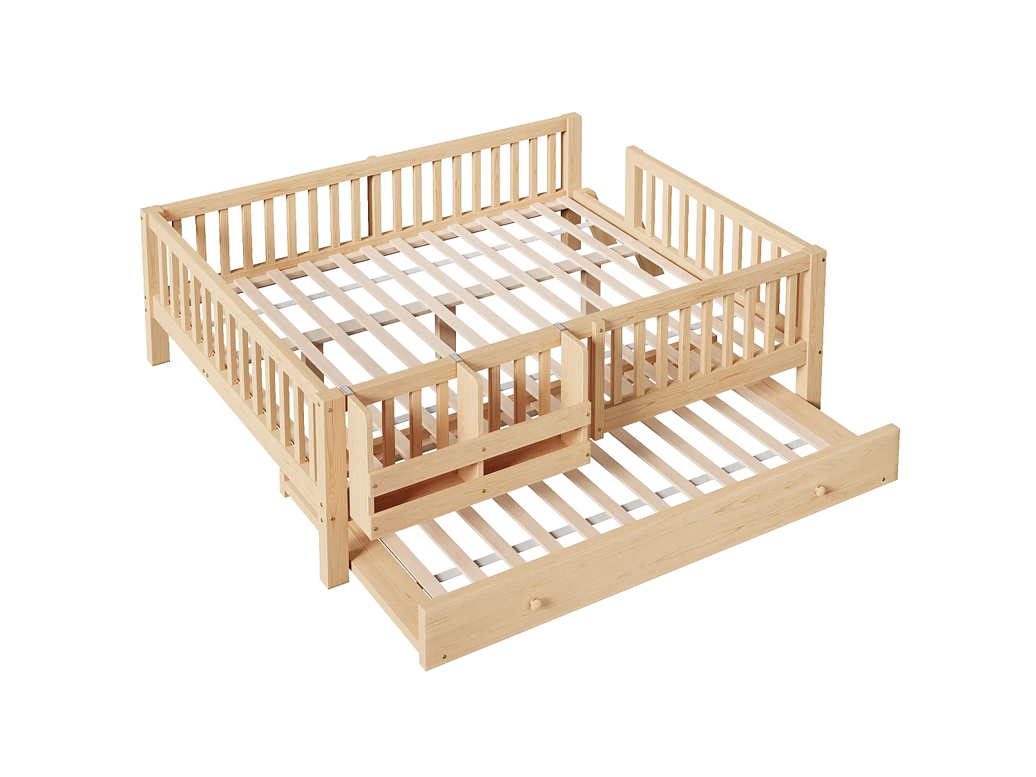 Lit enfant en bois 140x200cm - Avec lit gigogne - Avec barrières de sécurité et petite échelle - MDF - Naturel(Matelas non inclus)