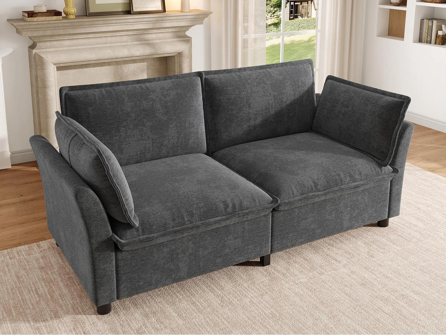 2-sitssoffa design "Molneffekt" i chenilletyg, ergonomisk loveseat med 2 kuddar, robust konstruktion för litet vardagsrum - grå