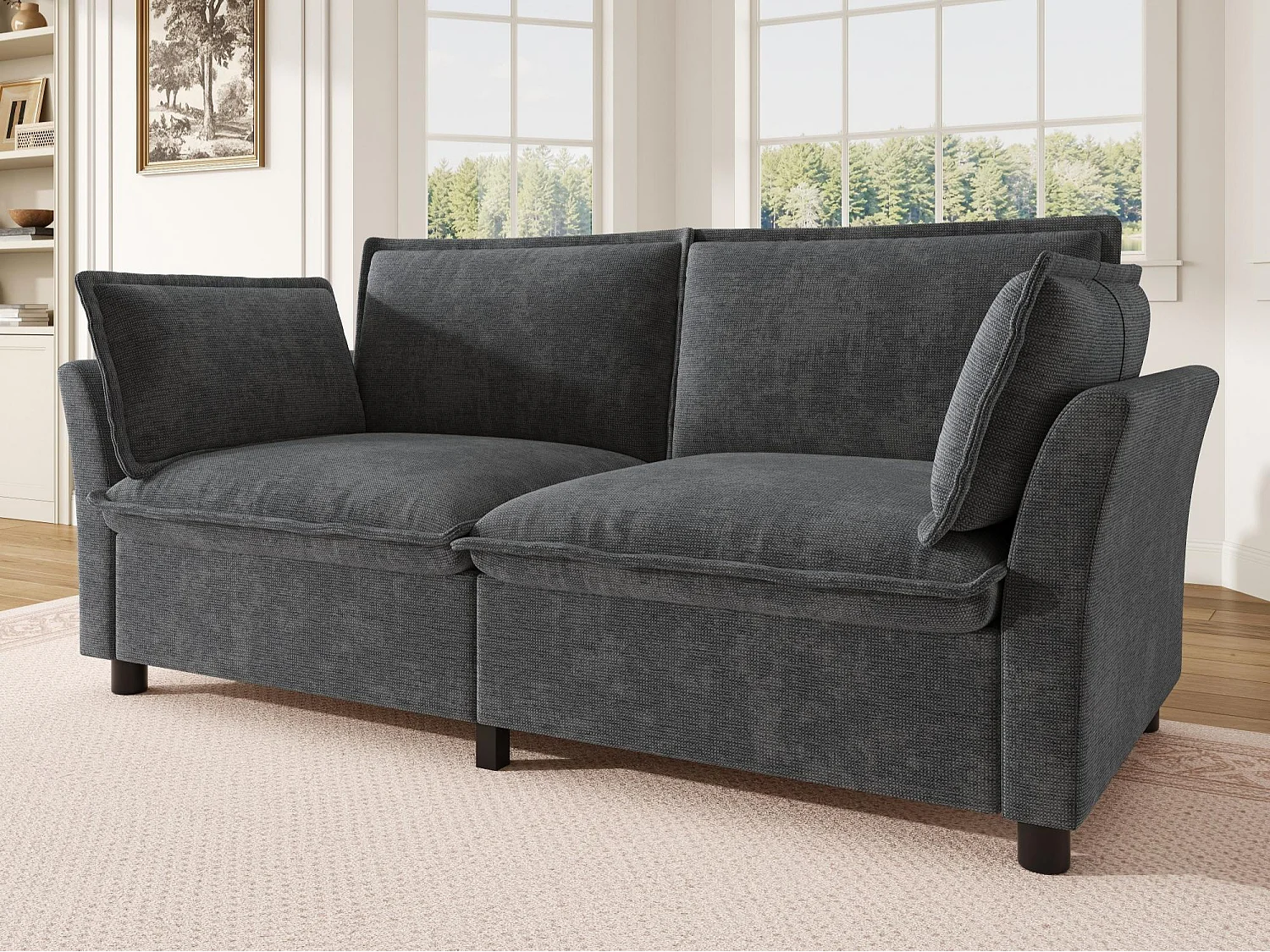 2-sitssoffa design "Molneffekt" i chenilletyg, ergonomisk loveseat med 2 kuddar, robust konstruktion för litet vardagsrum - grå