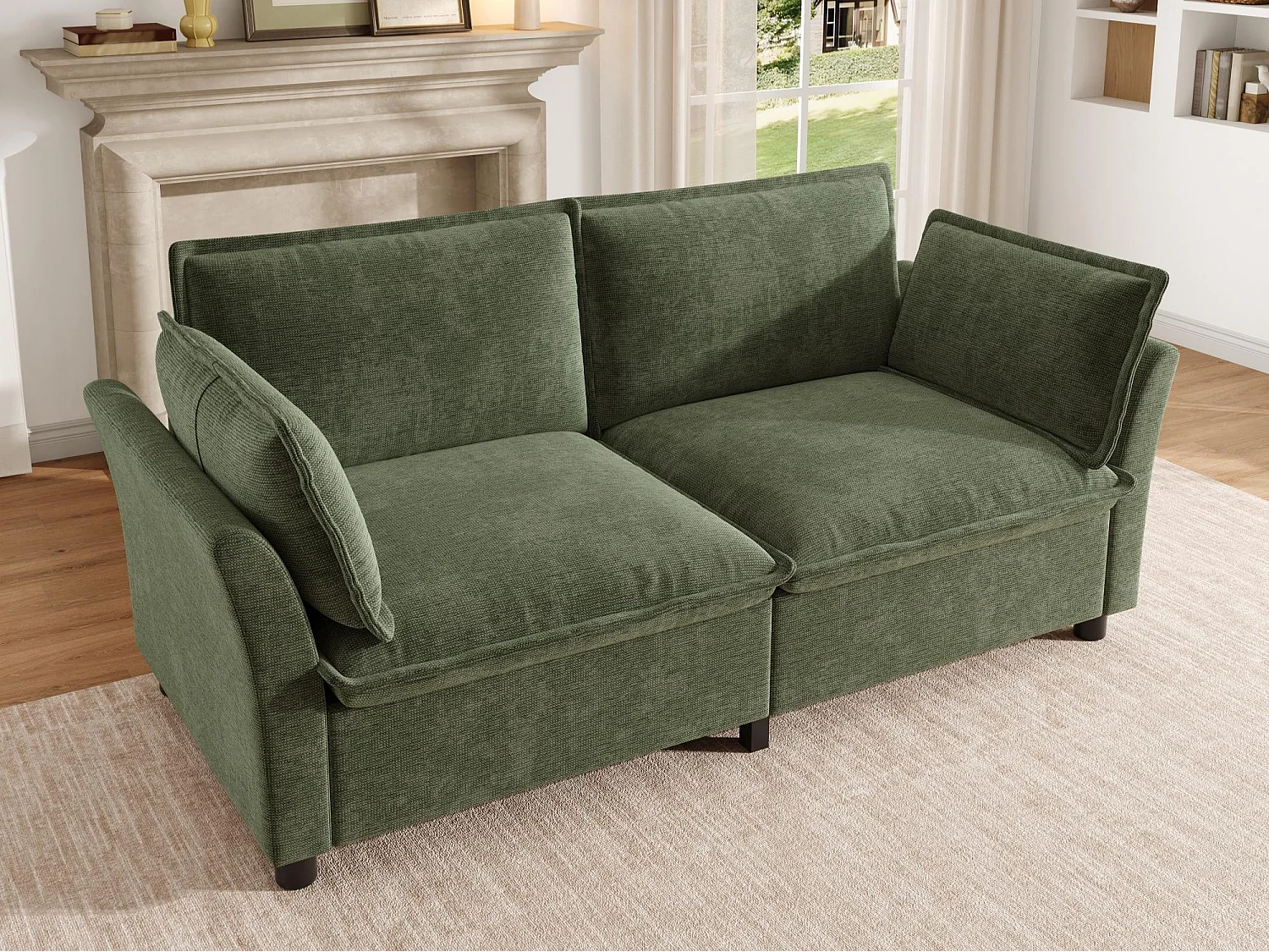 2-sitssoffa design "Molneffekt" i chenilletyg, ergonomisk loveseat med 2 kuddar, robust konstruktion för litet vardagsrum - grön