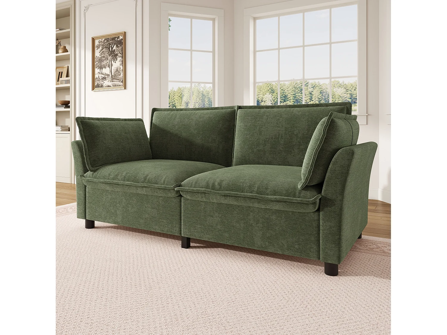 2-sitssoffa design "Molneffekt" i chenilletyg, ergonomisk loveseat med 2 kuddar, robust konstruktion för litet vardagsrum - grön