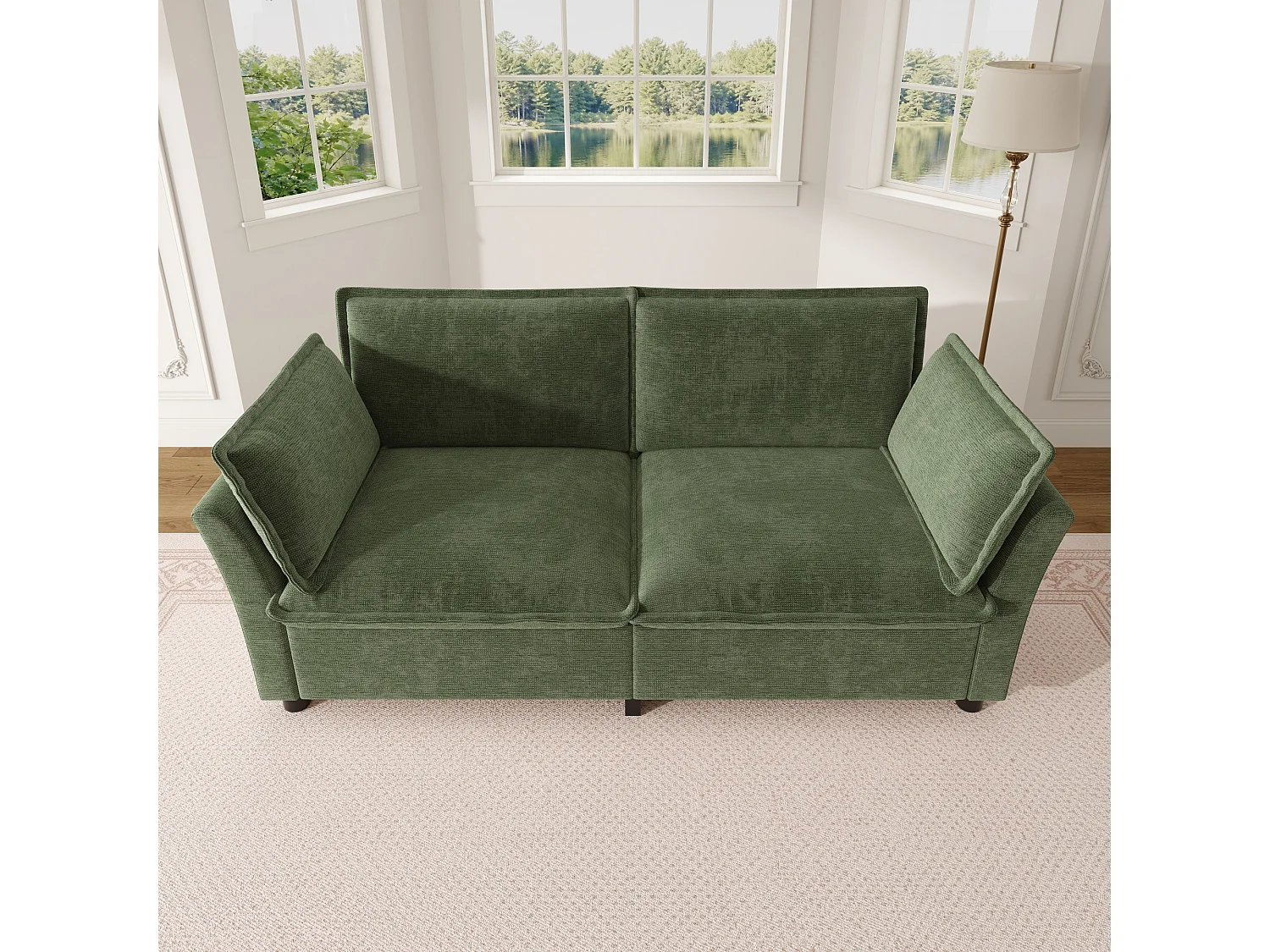 2-sitssoffa design "Molneffekt" i chenilletyg, ergonomisk loveseat med 2 kuddar, robust konstruktion för litet vardagsrum - grön
