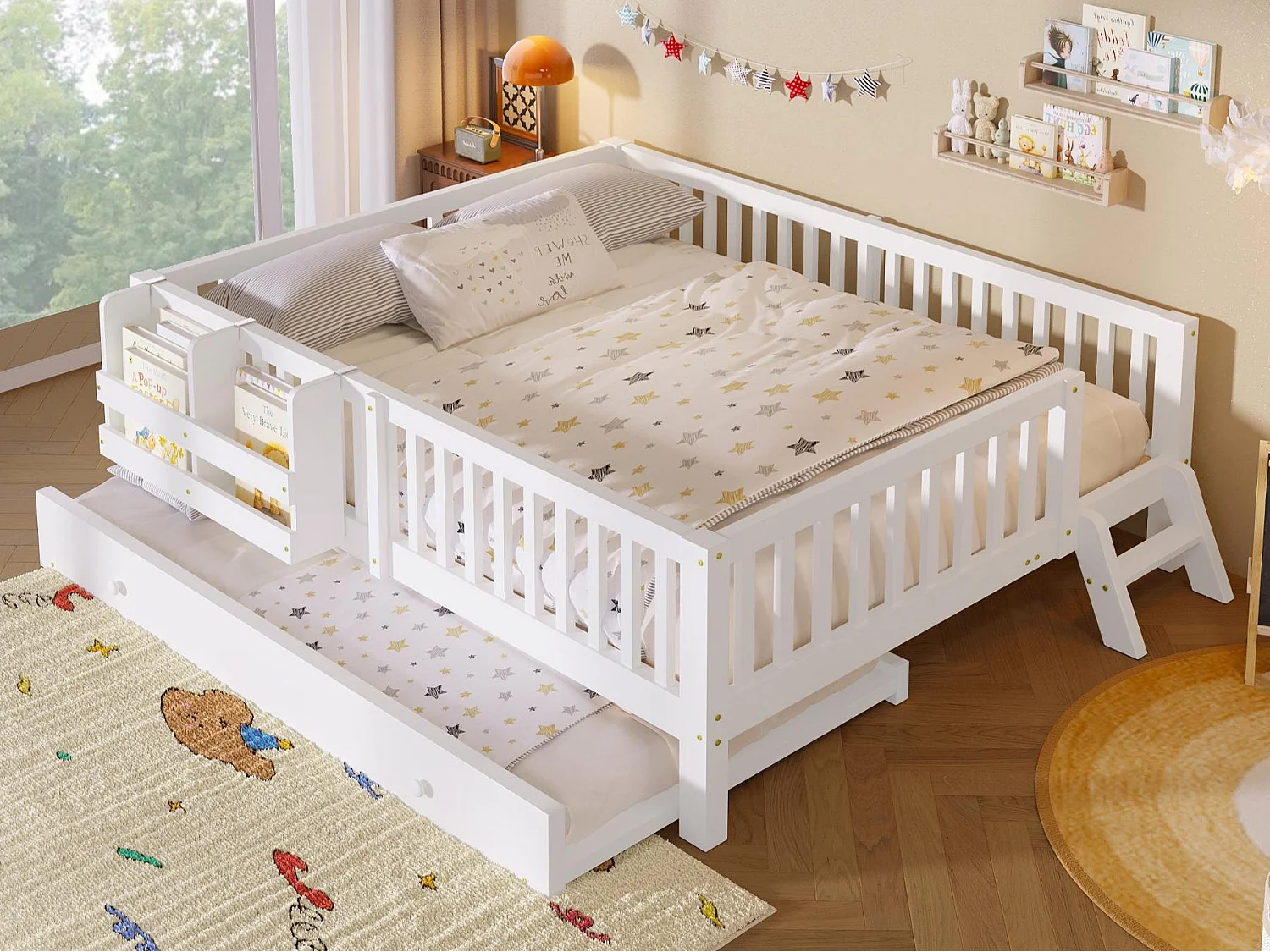 Lit enfant en bois 140x200cm - Avec lit gigogne - Avec barrières de sécurité et petite échelle - MDF - Blanc (Matelas non inclus)