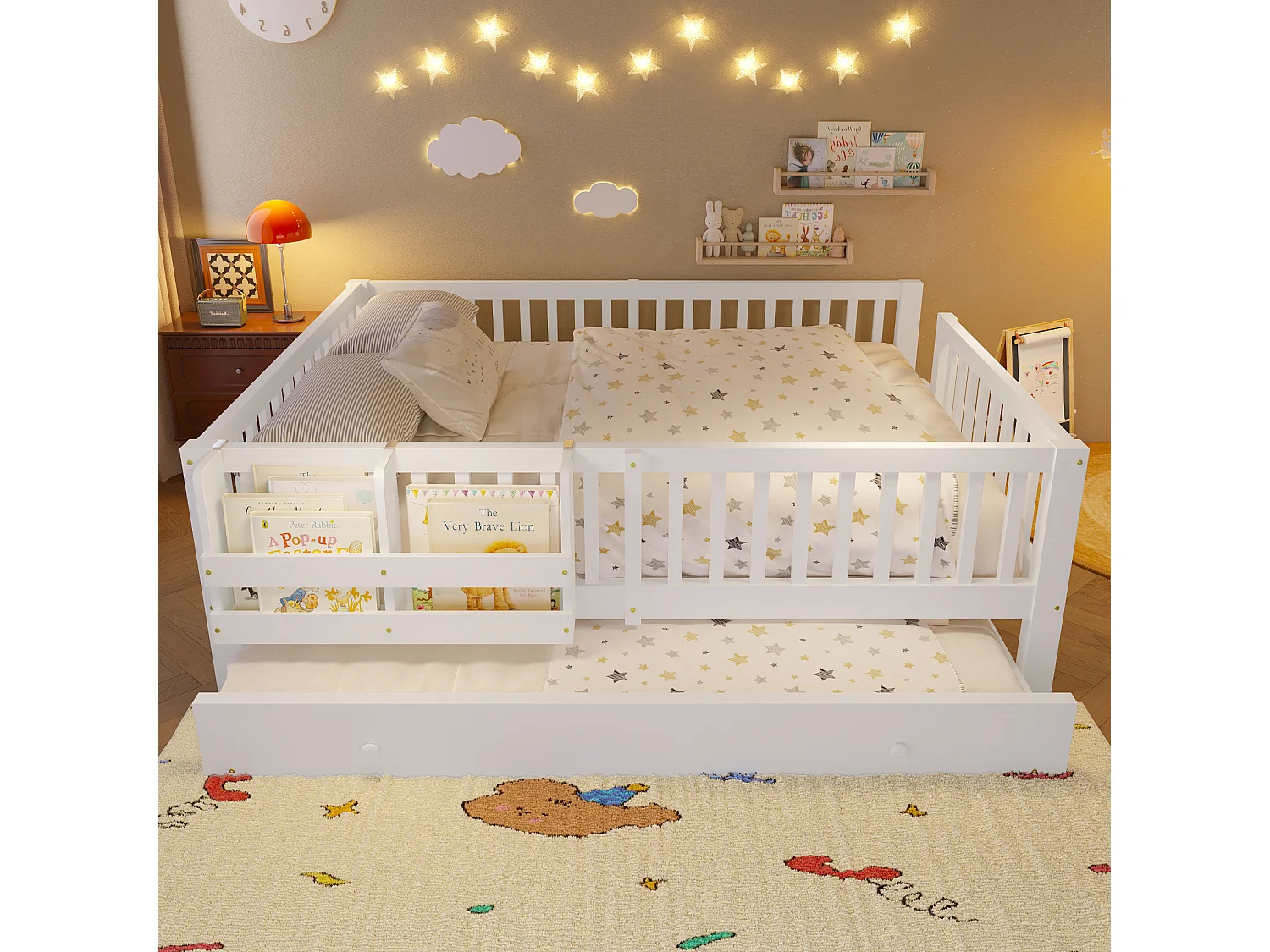 Lit enfant en bois 140x200cm - Avec lit gigogne - Avec barrières de sécurité et petite échelle - MDF - Blanc (Matelas non inclus)