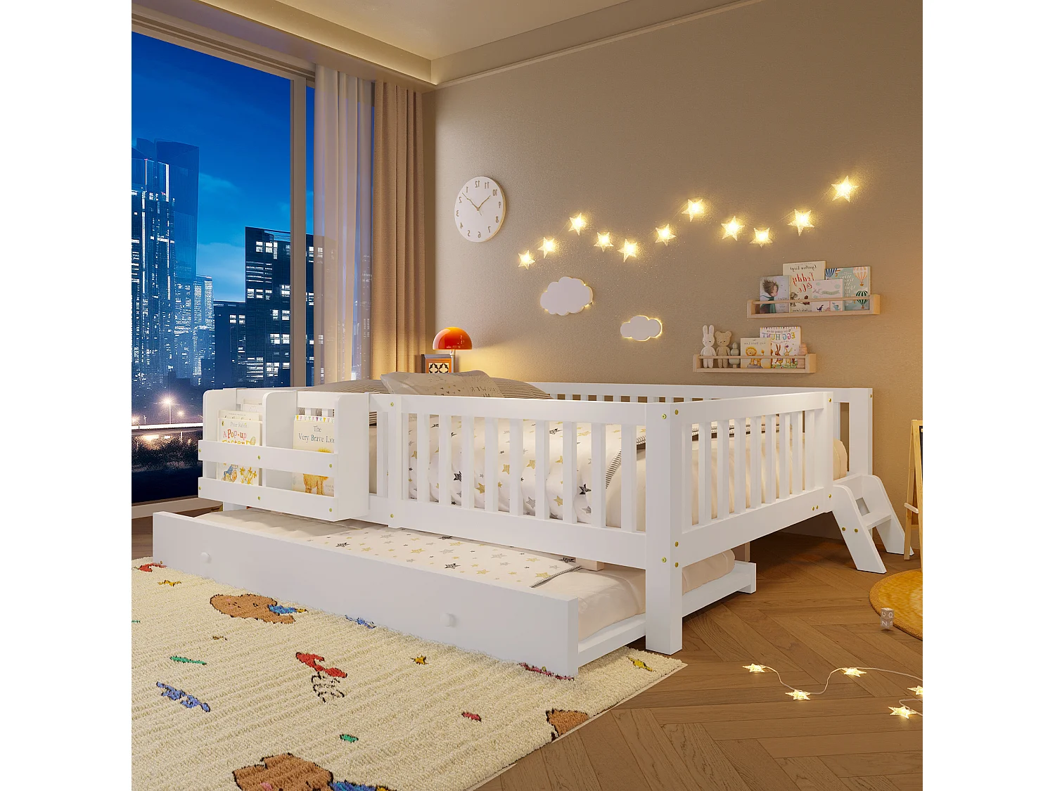 Lit enfant en bois 140x200cm - Avec lit gigogne - Avec barrières de sécurité et petite échelle - MDF - Blanc (Matelas non inclus)