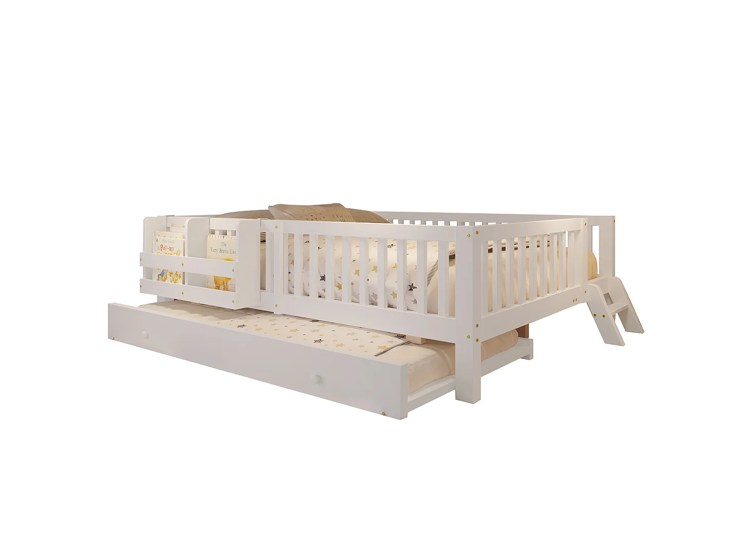 Lit enfant en bois 140x200cm - Avec lit gigogne - Avec barrières de sécurité et petite échelle - MDF - Blanc (Matelas non inclus)