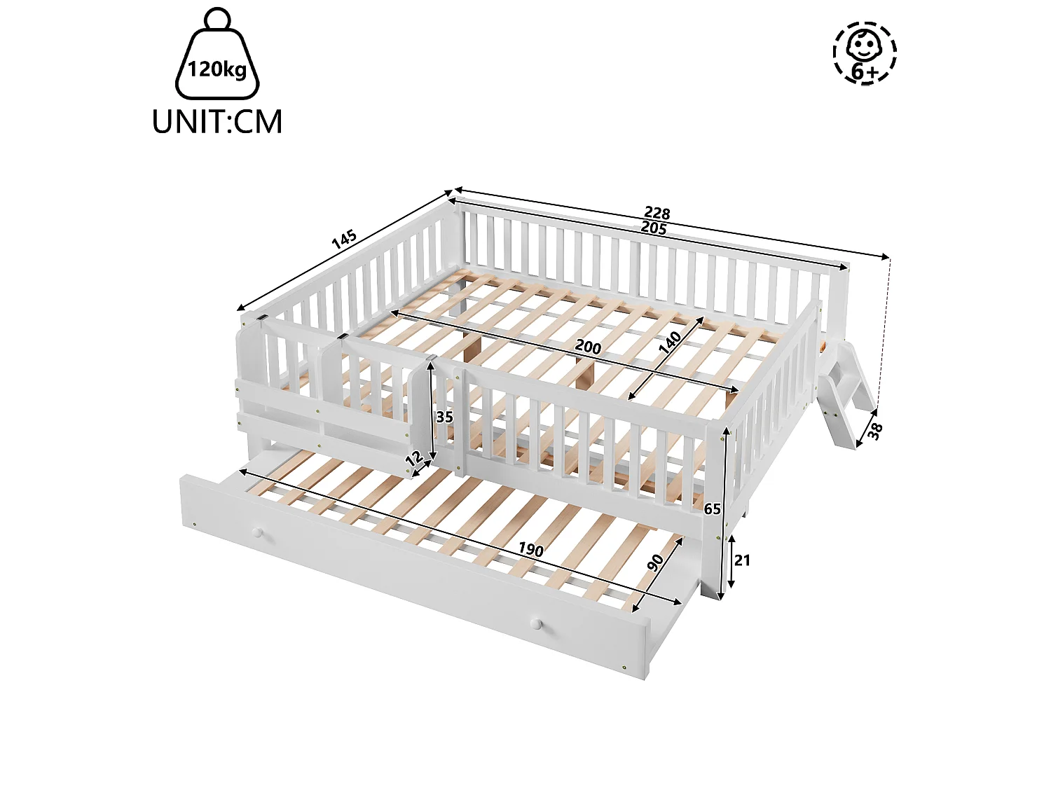 Lit enfant en bois 140x200cm - Avec lit gigogne - Avec barrières de sécurité et petite échelle - MDF - Blanc (Matelas non inclus)