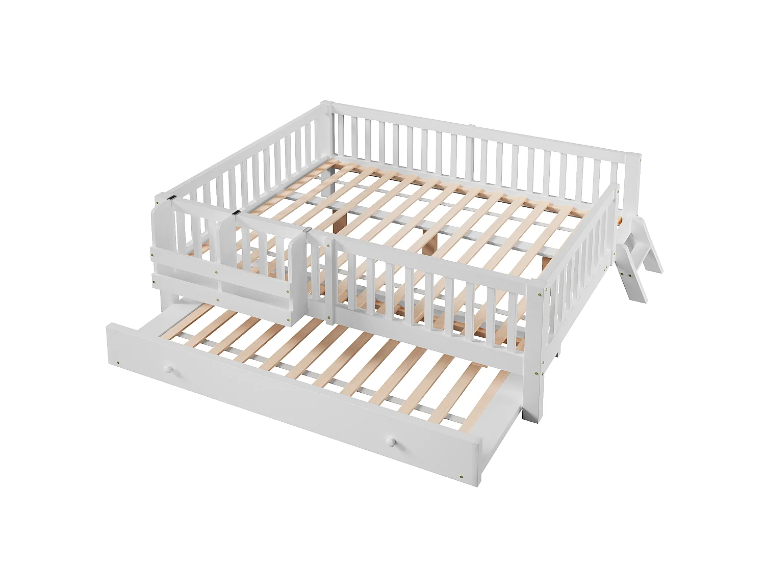 Lit enfant en bois 140x200cm - Avec lit gigogne - Avec barrières de sécurité et petite échelle - MDF - Blanc (Matelas non inclus)