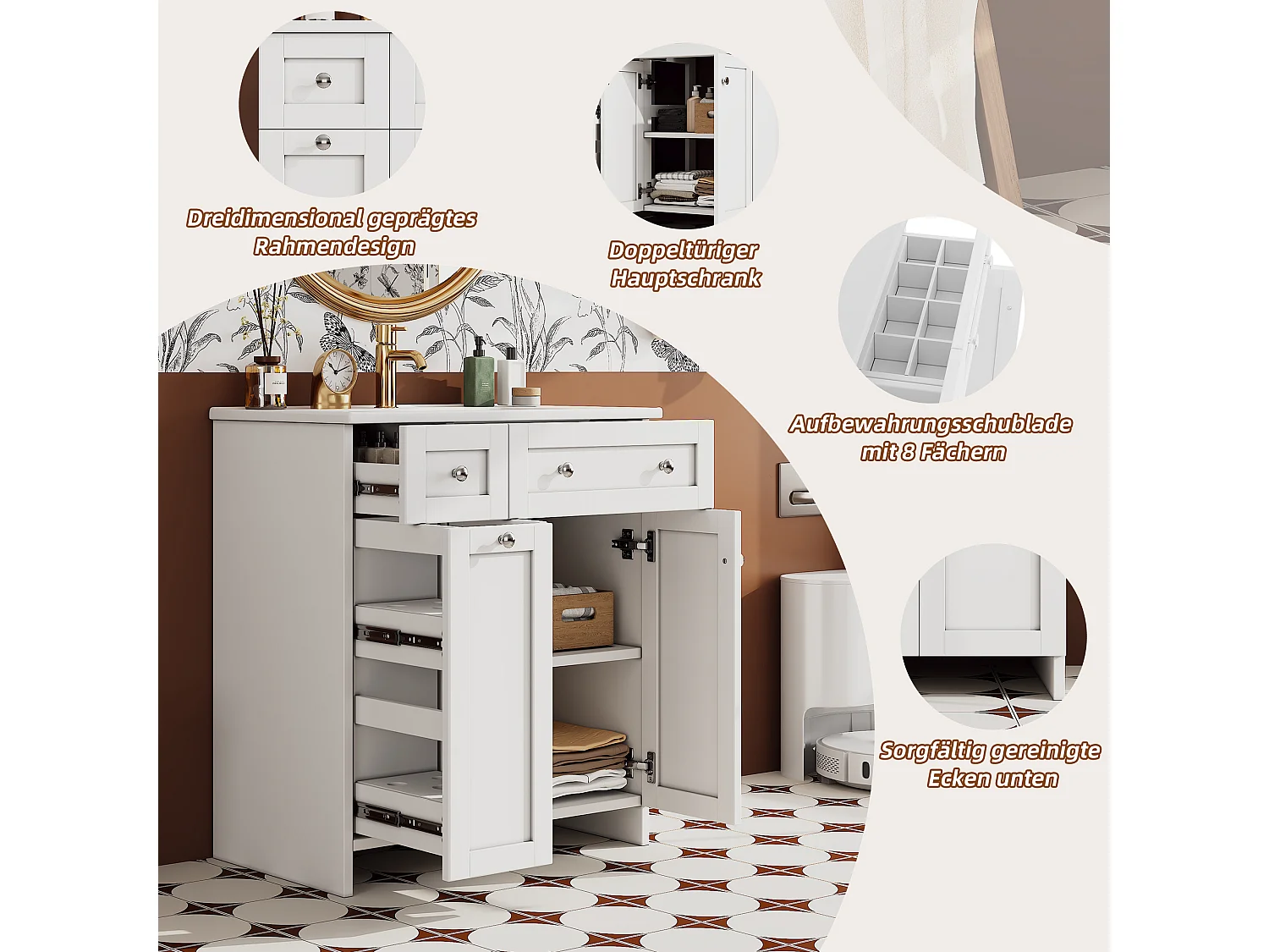 Mueble de baño con lavabo de cerámica - 76,5x47x87 cm - 3 cajones y 1 puerta - acabado lacado - MDF - blanco