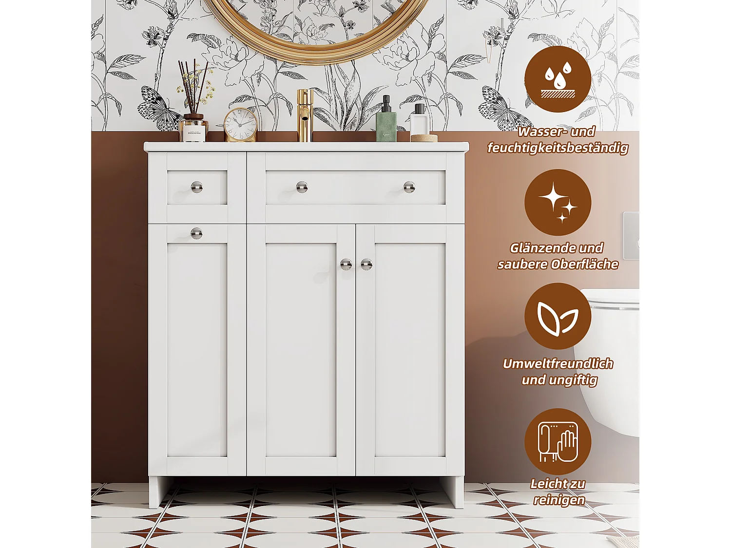 Mueble de baño con lavabo de cerámica - 76,5x47x87 cm - 3 cajones y 1 puerta - acabado lacado - MDF - blanco