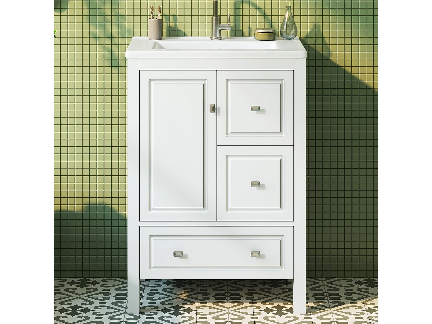 Mueble de baño con patas y lavabo de cerámica - 62x47x90 cm - 3 cajones y 1 puerta - Acabado lacado - MDF - blanco