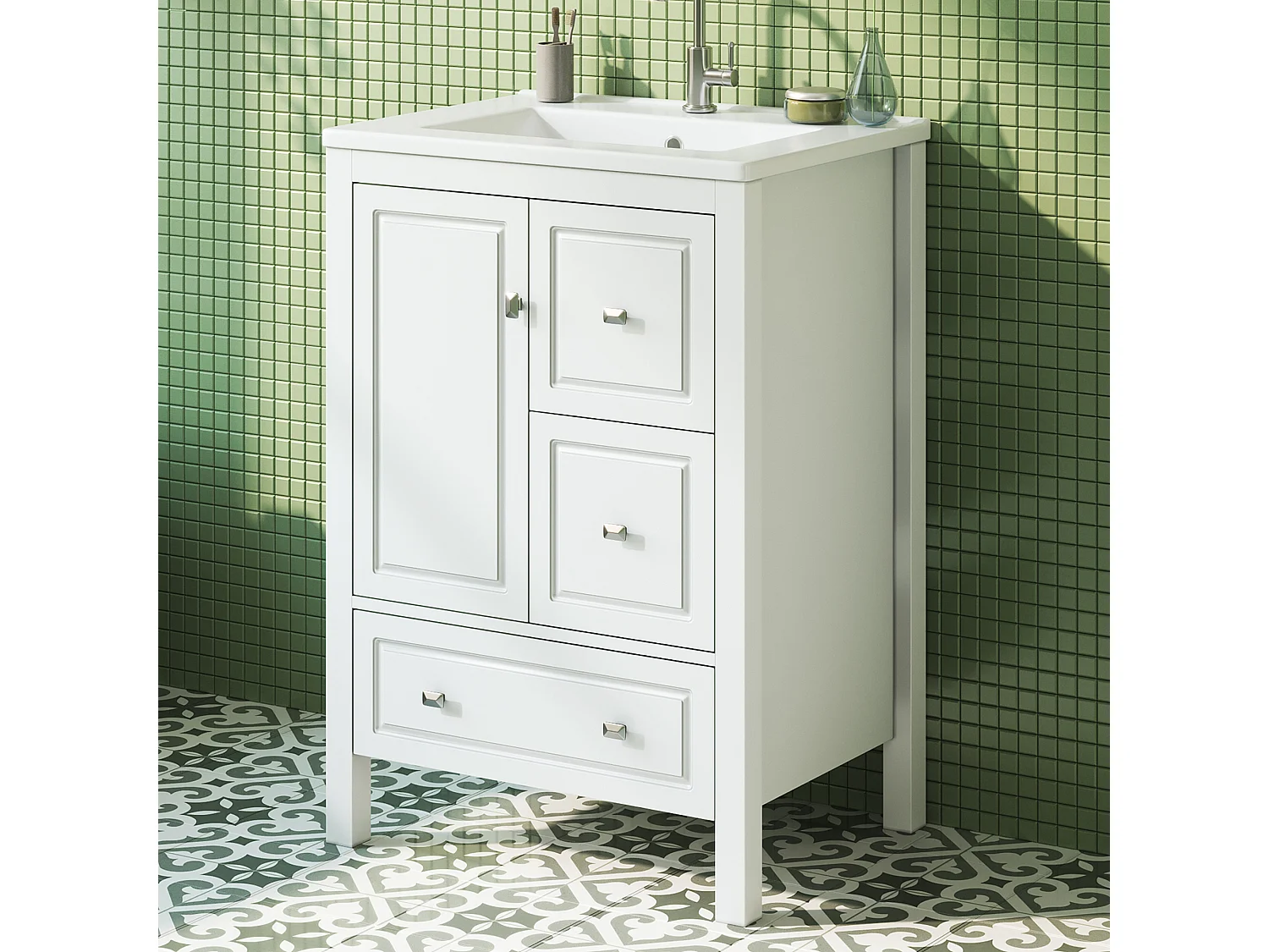 Mueble de baño con patas y lavabo de cerámica - 62x47x90 cm - 3 cajones y 1 puerta - Acabado lacado - MDF - blanco
