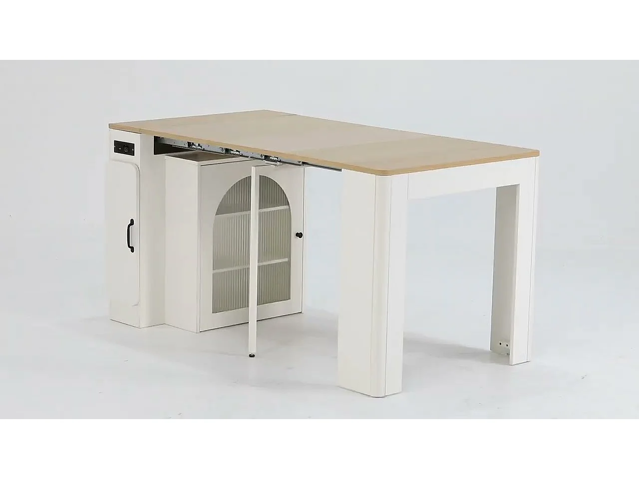 Ilot central de cuisine - avec USB et LED - avec table à manger amovible et extensible - texture du bois - avec 1 porte - blanc + naturel