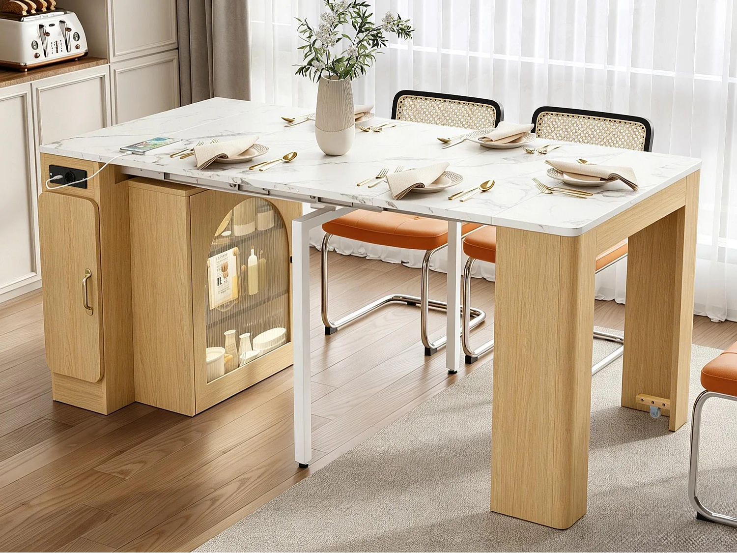 Ilot central de cuisine - avec USB et LED - avec table à manger amovible et extensible - texture du bois - avec 1 porte - blanc + naturel