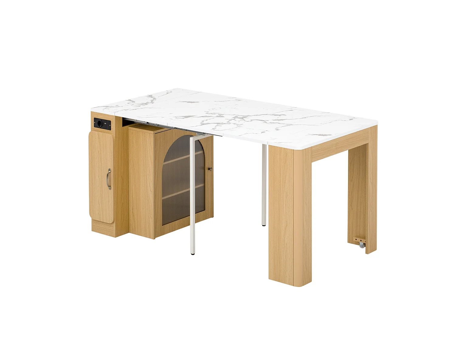Ilot central de cuisine - avec USB et LED - avec table à manger amovible et extensible - texture du bois - avec 1 porte - blanc + naturel