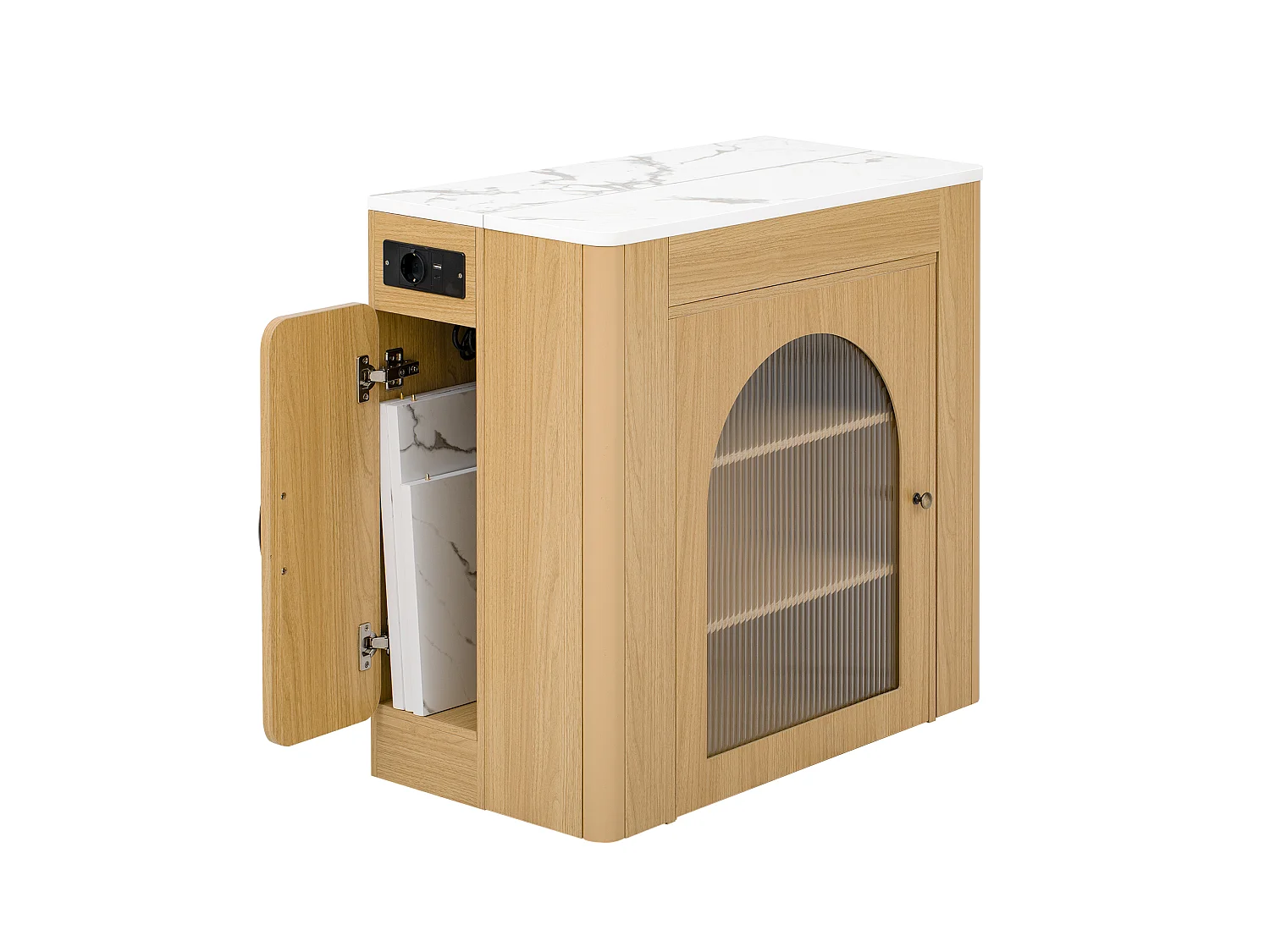 Ilot central de cuisine - avec USB et LED - avec table à manger amovible et extensible - texture du bois - avec 1 porte - blanc + naturel