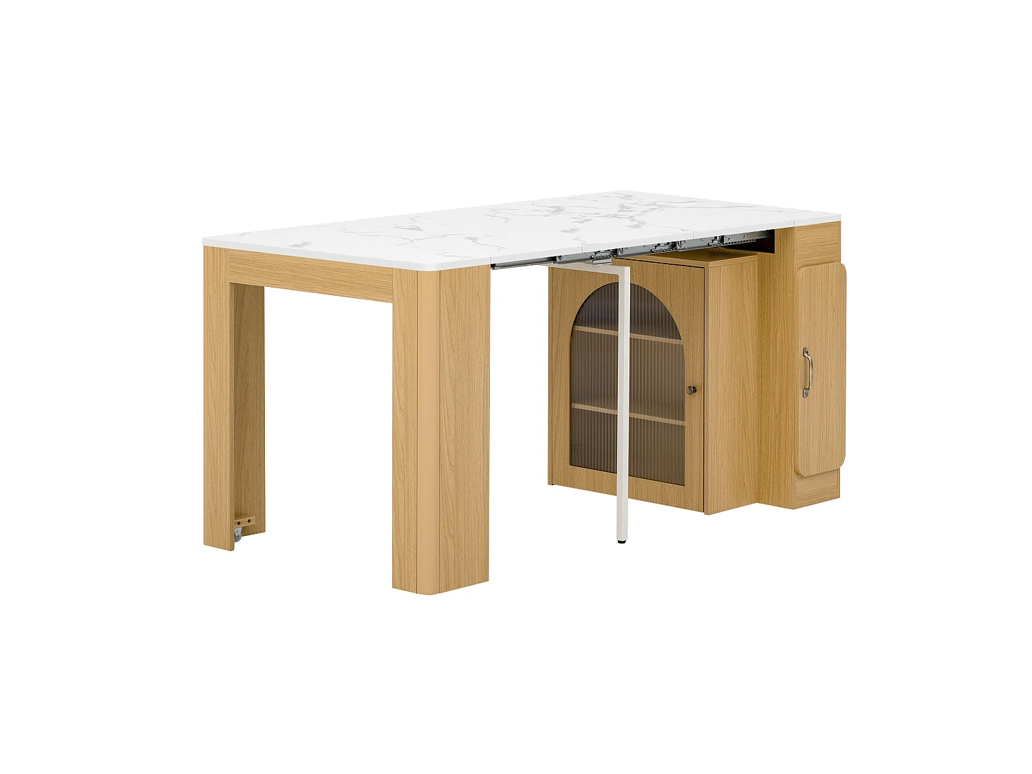 Ilot central de cuisine - avec USB et LED - avec table à manger amovible et extensible - texture du bois - avec 1 porte - blanc + naturel