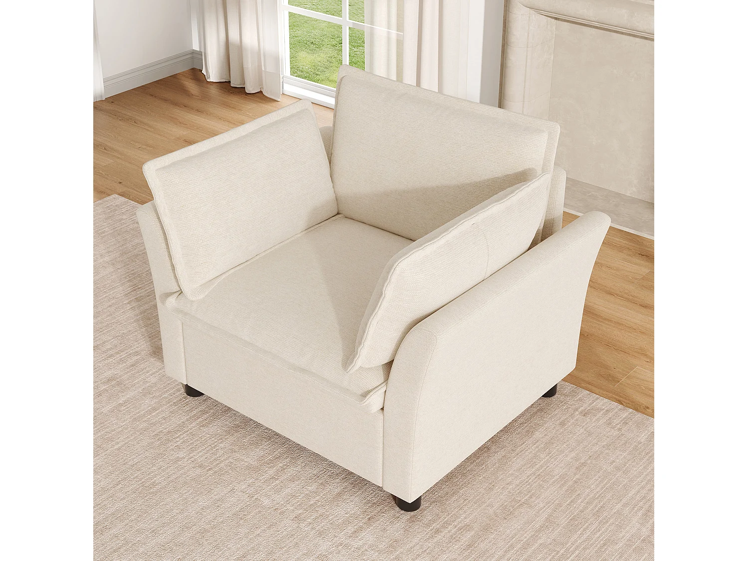 Ergonomisk fåtölj för vardagsrum i chenilletyg, läsfåtölj med kudde och böjda armstöd, robust konstruktion 90x81x87 cm - beige