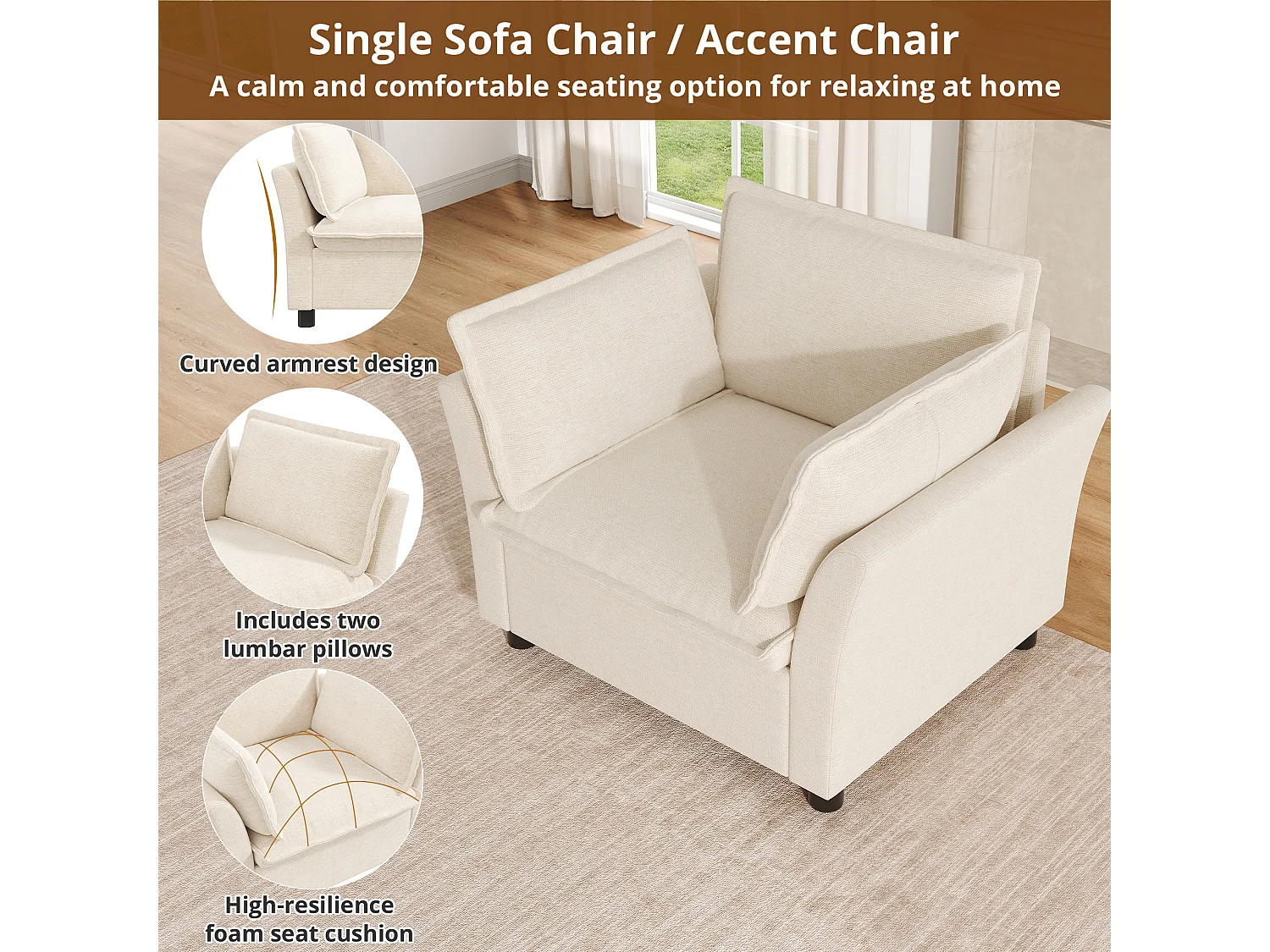 Ergonomisk fåtölj för vardagsrum i chenilletyg, läsfåtölj med kudde och böjda armstöd, robust konstruktion 90x81x87 cm - beige