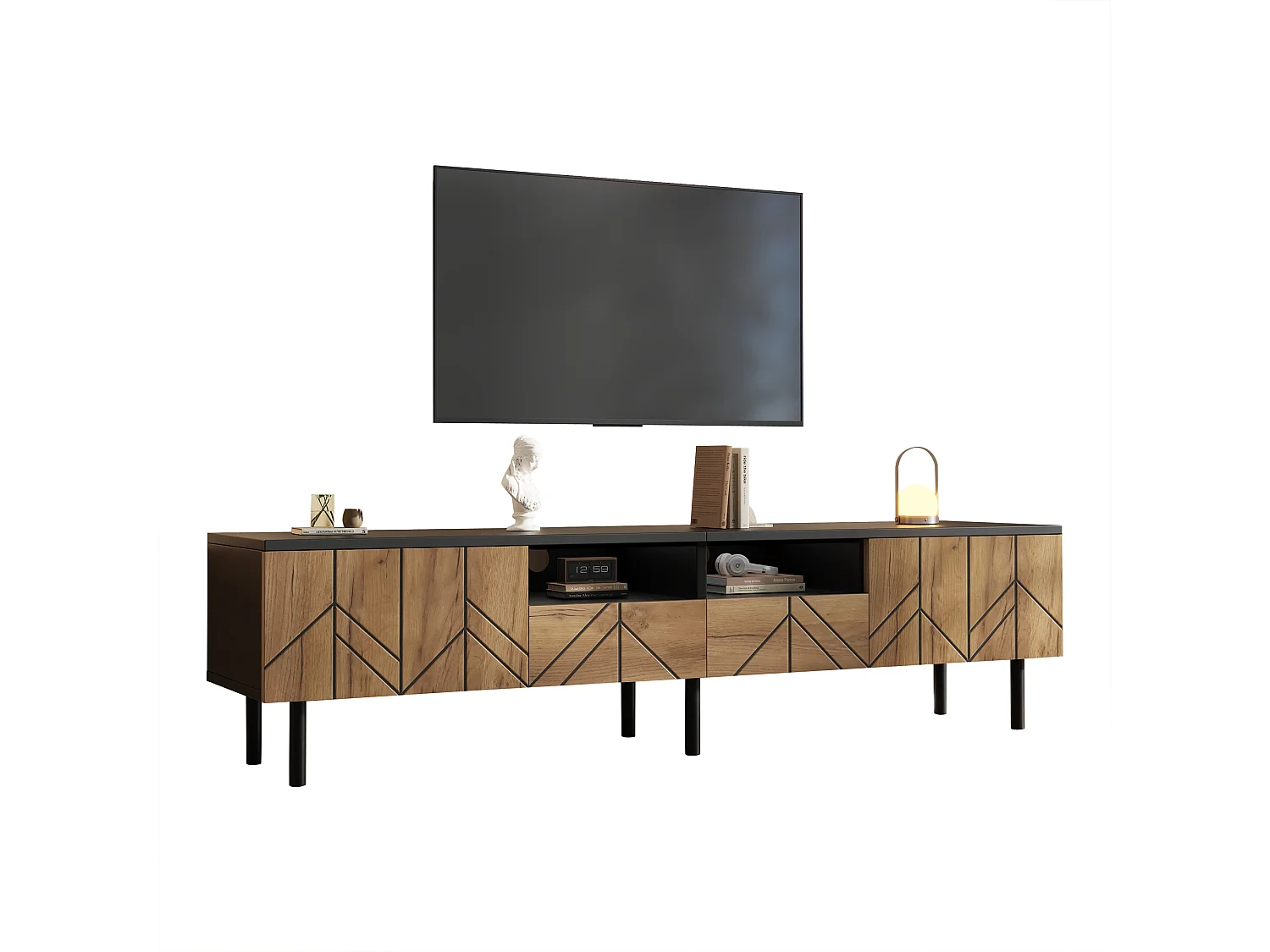 Modern TV Stand 180x40x45 cm - 2 Drawers and 2 Doors - Wood-Effect Finish - Particle Board - Natural